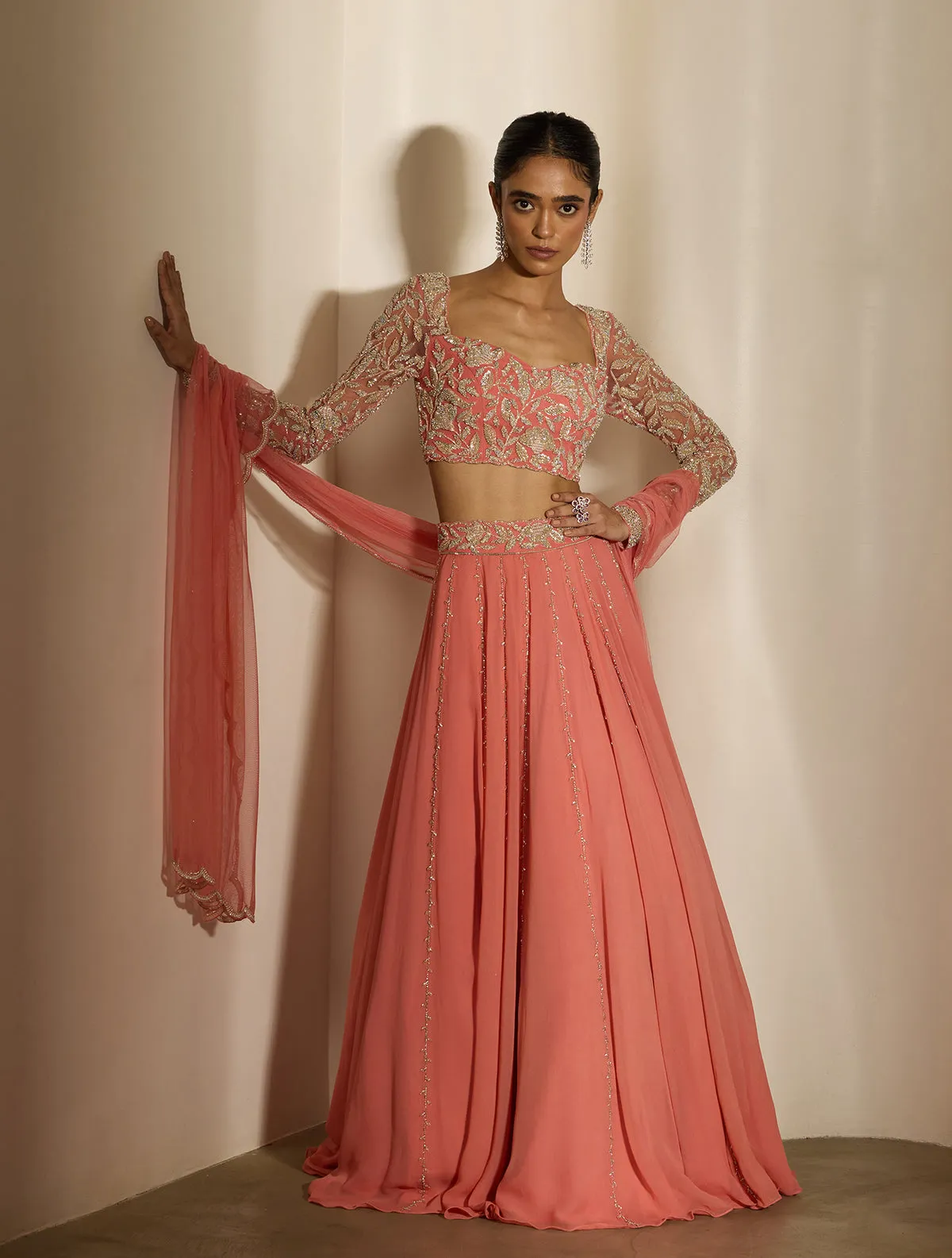 Coral Pink Lehenga with Embroidered Blouse and Sheer Dupatta