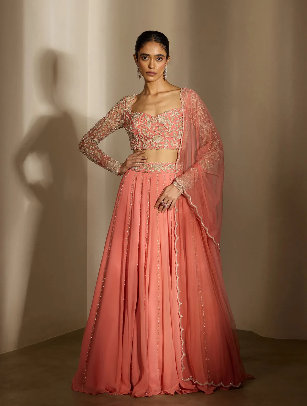 Coral Pink Lehenga with Embroidered Blouse and Sheer Dupatta