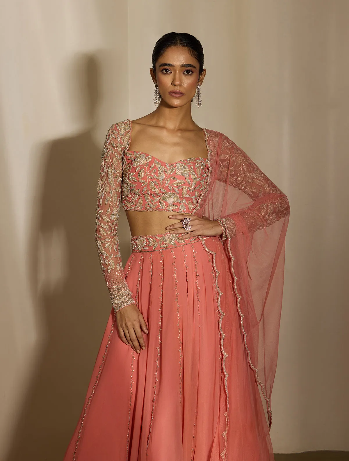 Coral Pink Lehenga with Embroidered Blouse and Sheer Dupatta