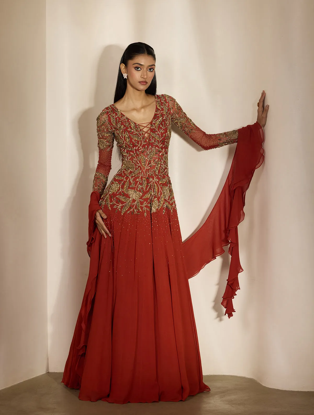 Deep Red Anarkali Gown with Gold Embroidery and Sheer Sleeves