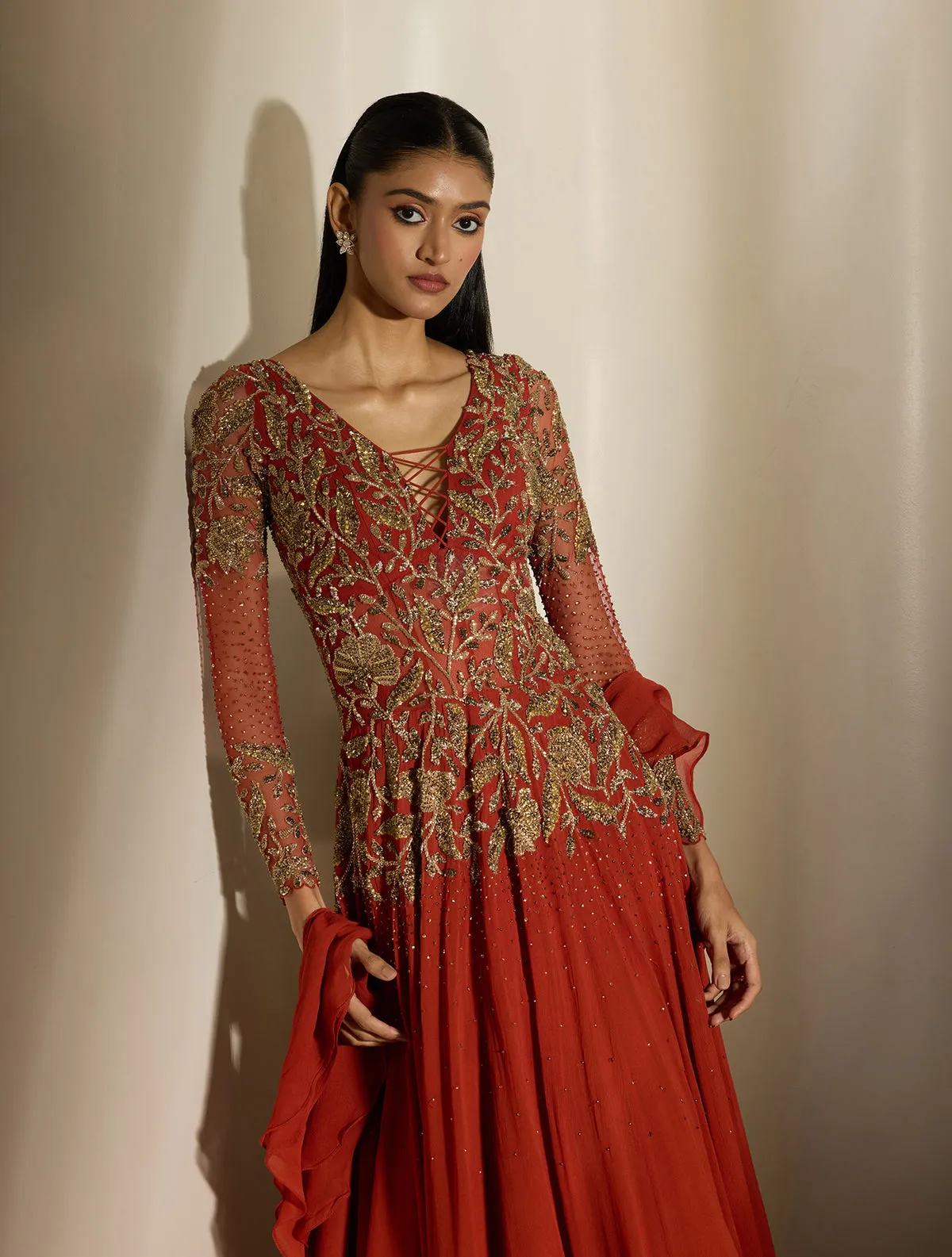 Deep Red Anarkali Gown with Gold Embroidery and Sheer Sleeves