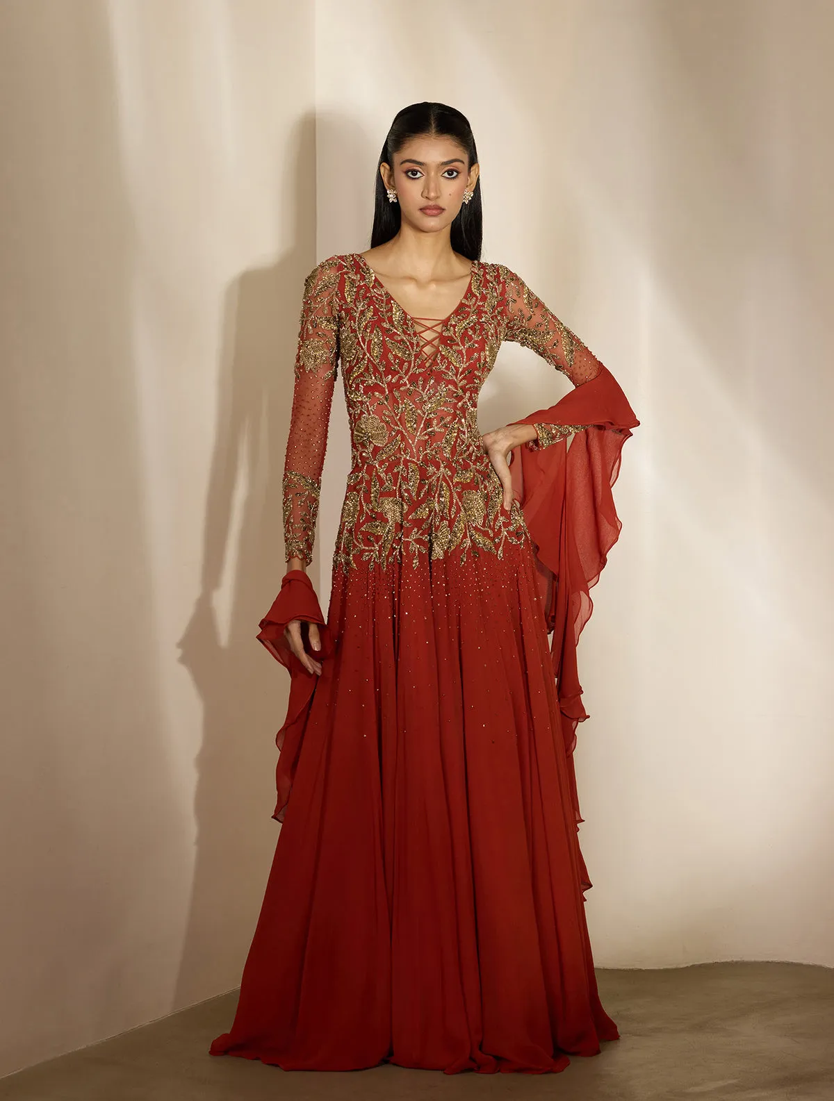 Deep Red Anarkali Gown with Gold Embroidery and Sheer Sleeves