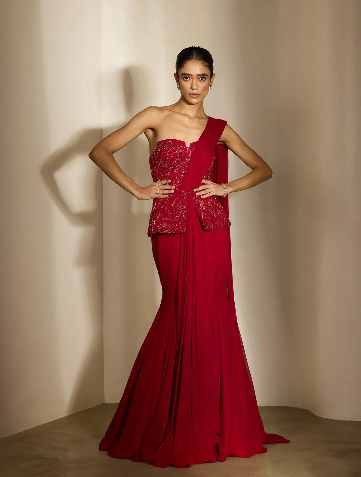 Red Strapless Gown with Embellished Bodice and Drape Detail