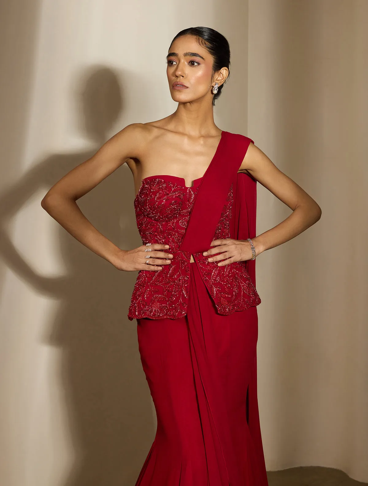 Red Strapless Gown with Embellished Bodice and Drape Detail
