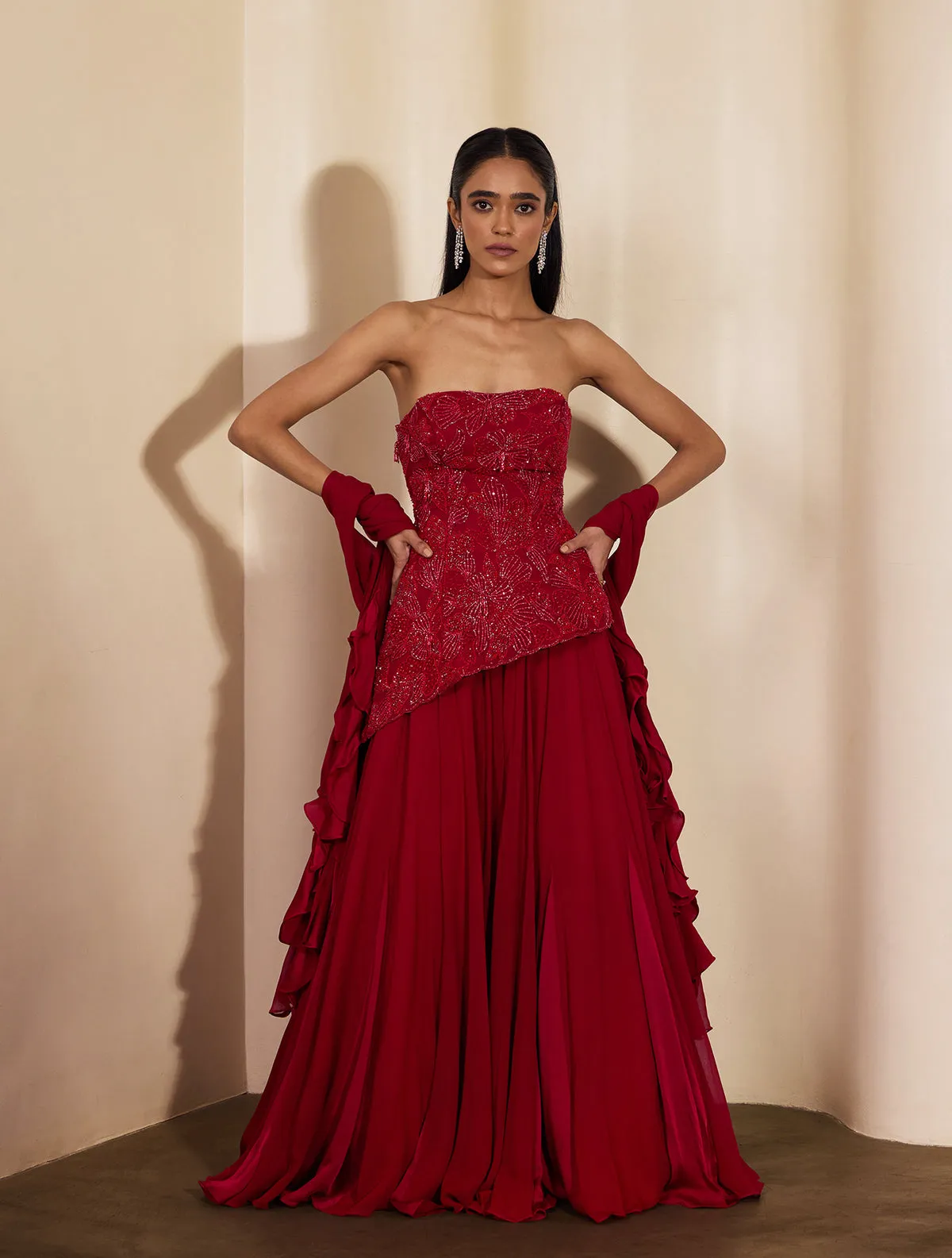 Red Strapless Lehenga with Embellished Blouse and Flowing Dupatta Panels