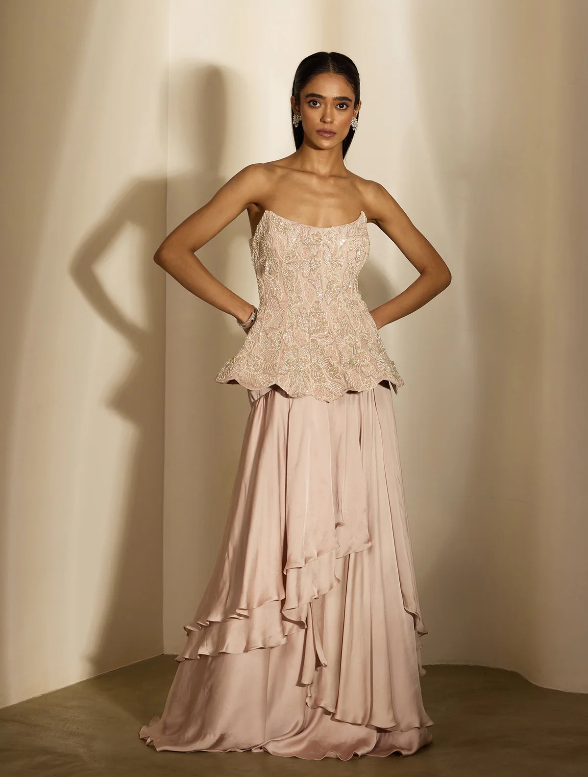 Blush Pink Strapless Lehenga with Embroidered Blouse and Layered Skirt