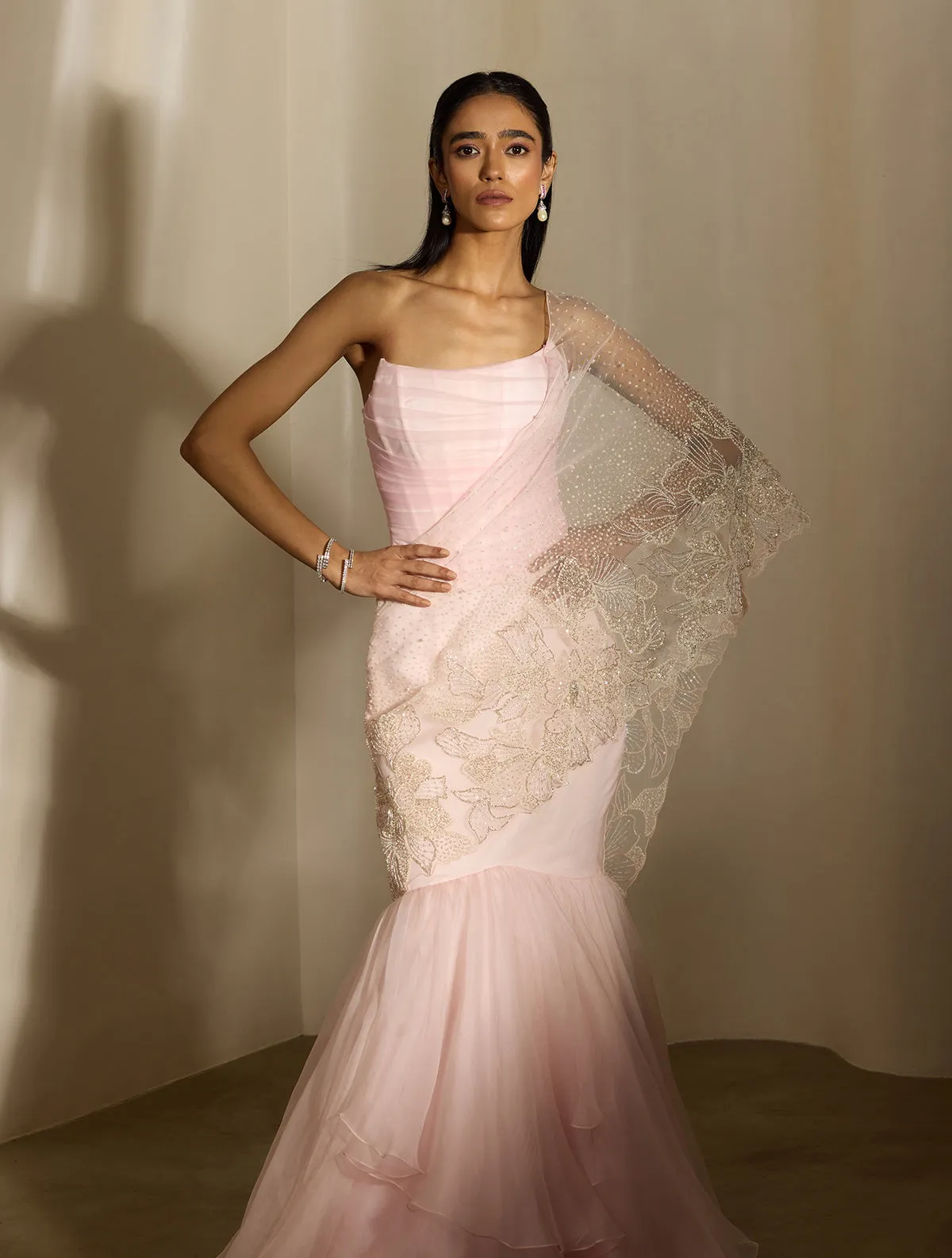 Blush Pink Lehenga with Embellished Blouse and Net Dupatta