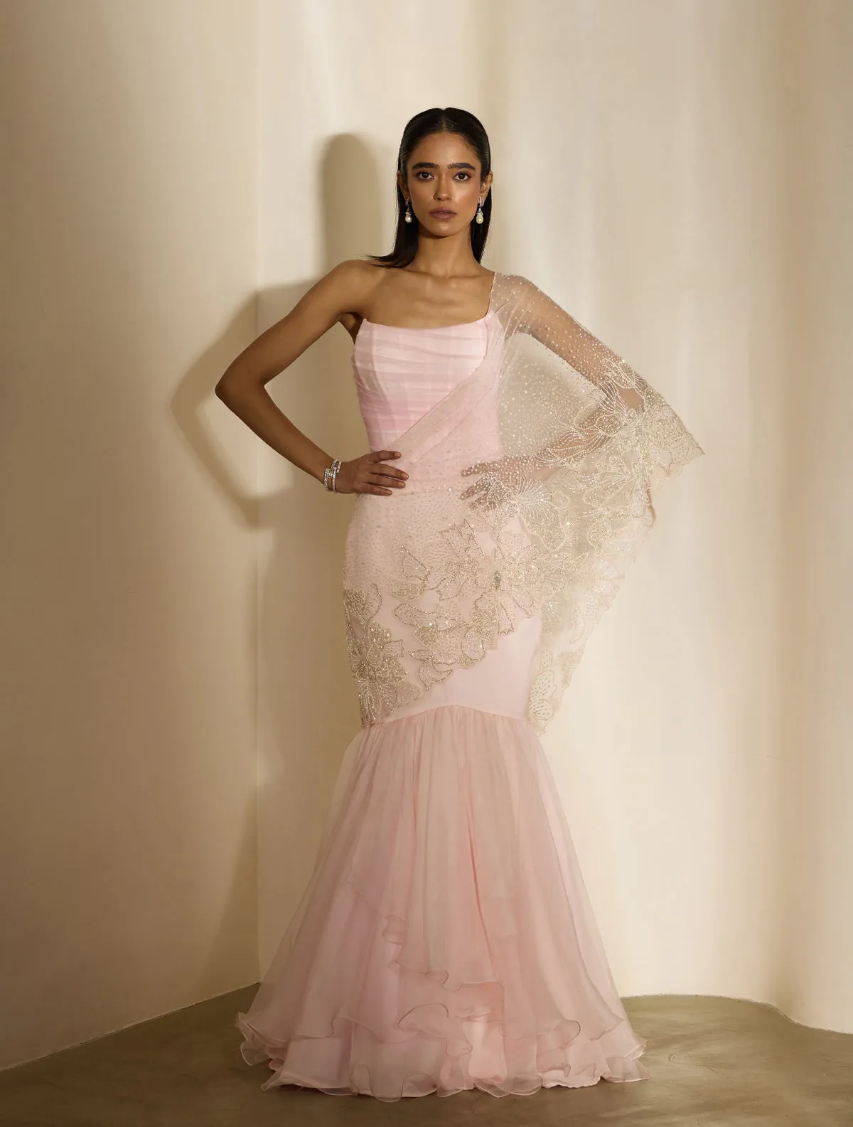 Blush Pink Lehenga with Embellished Blouse and Net Dupatta