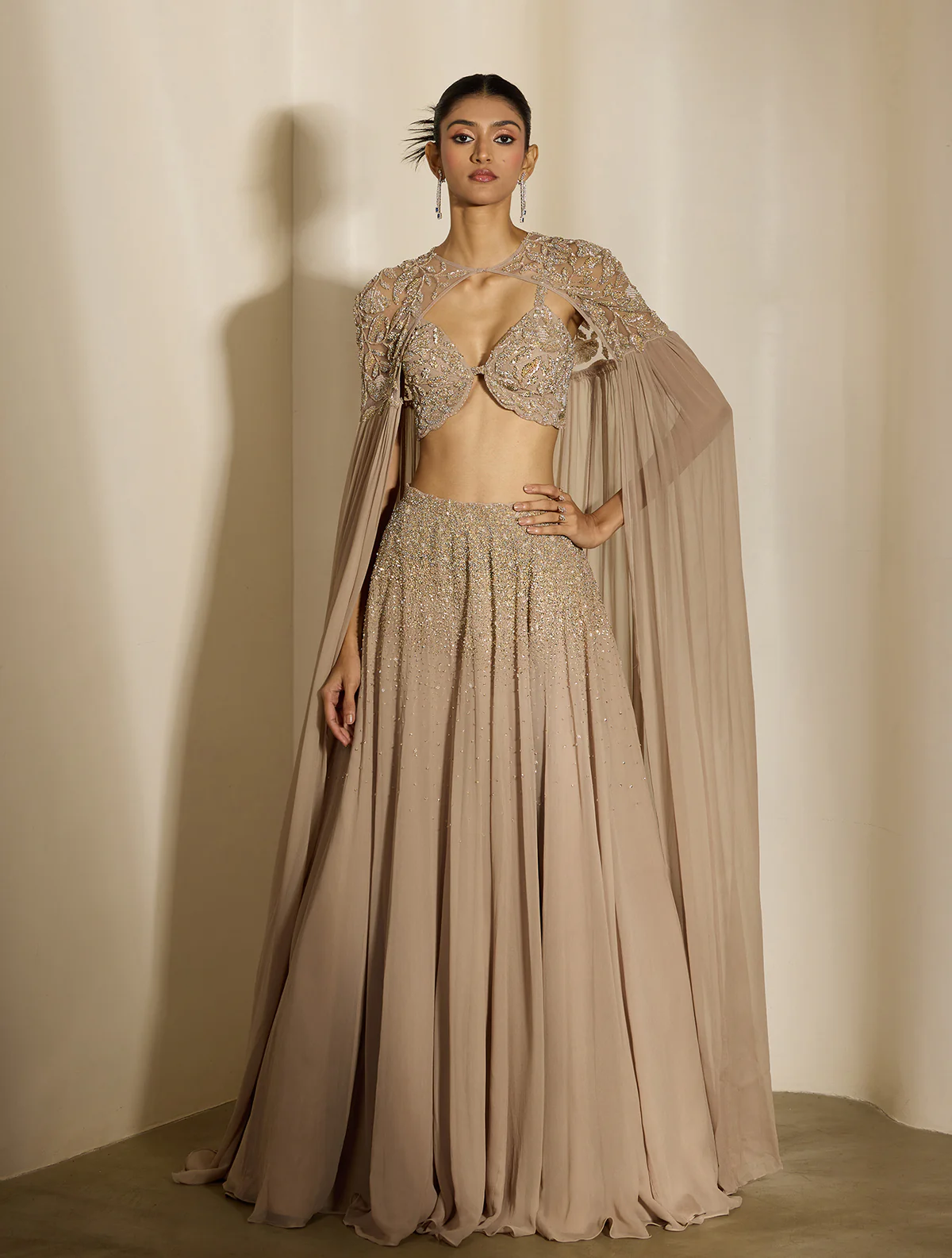 Nude Beige Lehenga with Embellished Blouse and Cape Dupatta