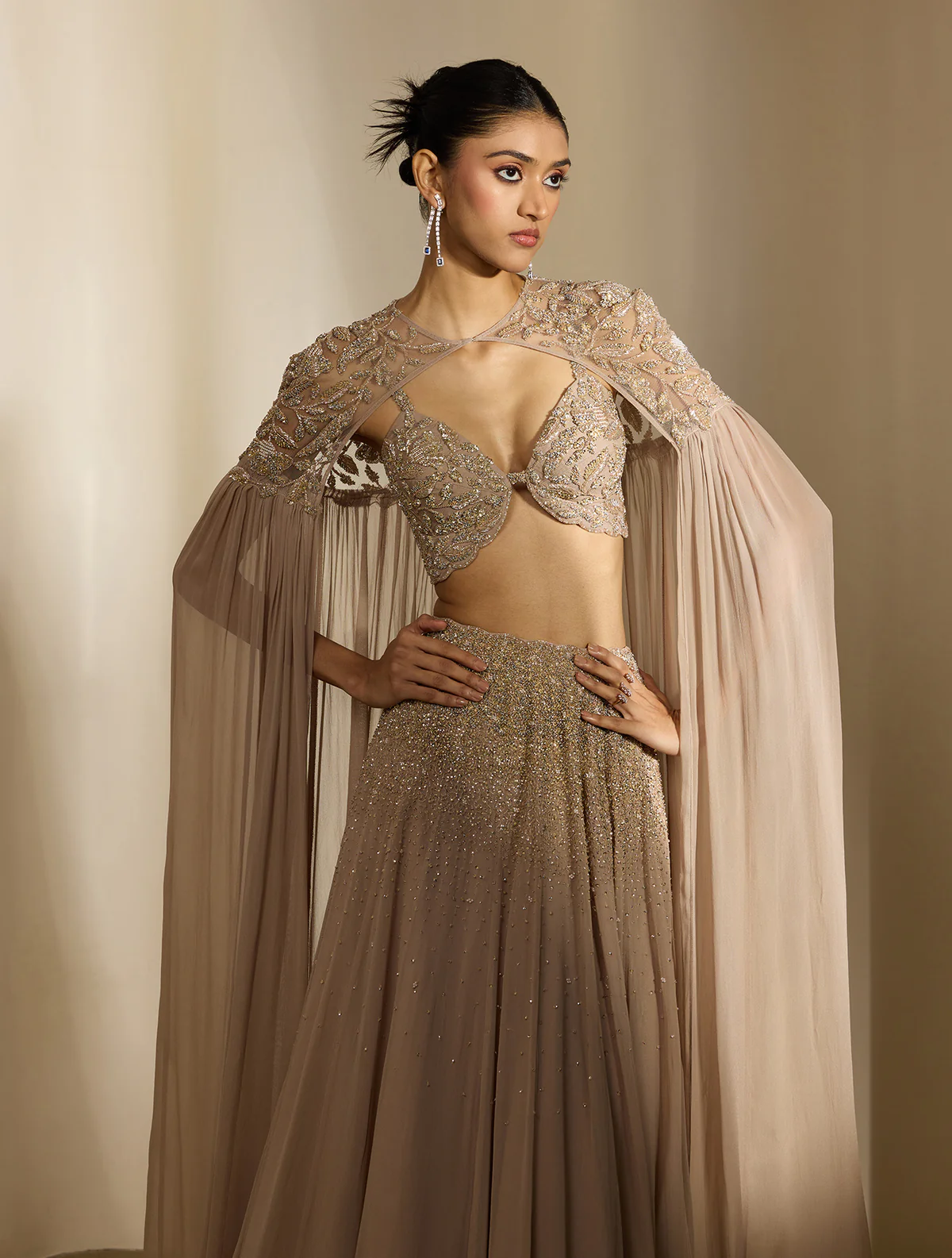 Nude Beige Lehenga with Embellished Blouse and Cape Dupatta