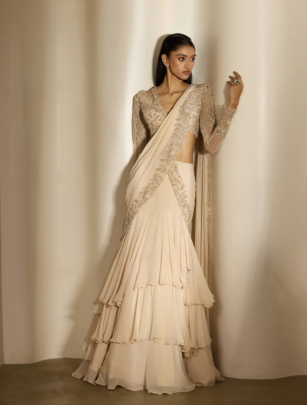 Ivory Layered Sari with Embroidered Blouse and Sheer Sleeves
