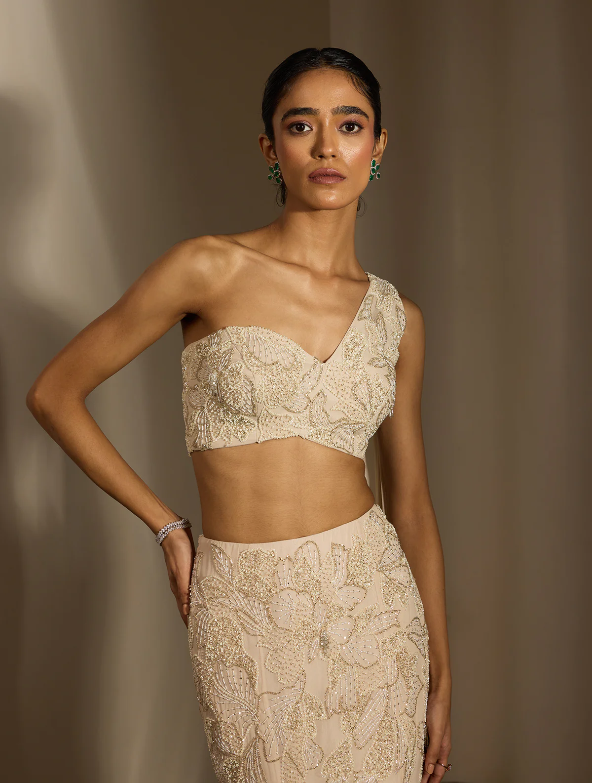 Ivory Lehenga with One-Shoulder Embroidered Blouse and Mermaid Silhouette