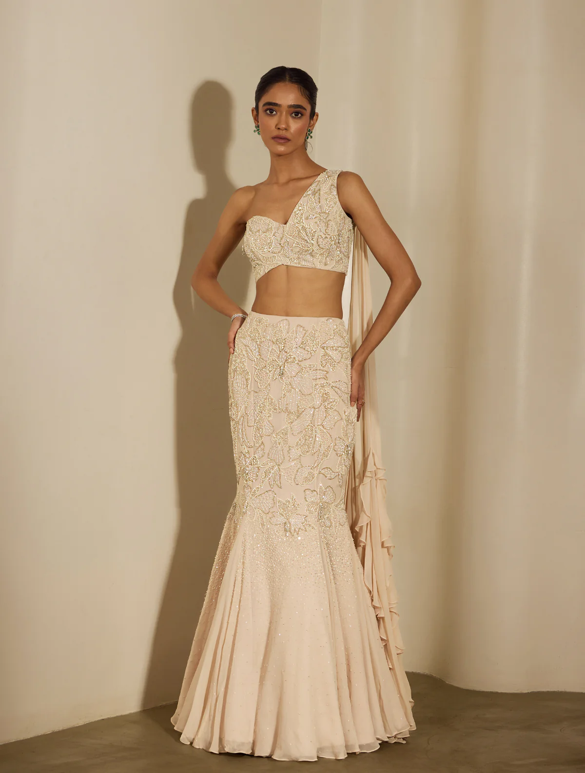 Ivory Lehenga with One-Shoulder Embroidered Blouse and Mermaid Silhouette