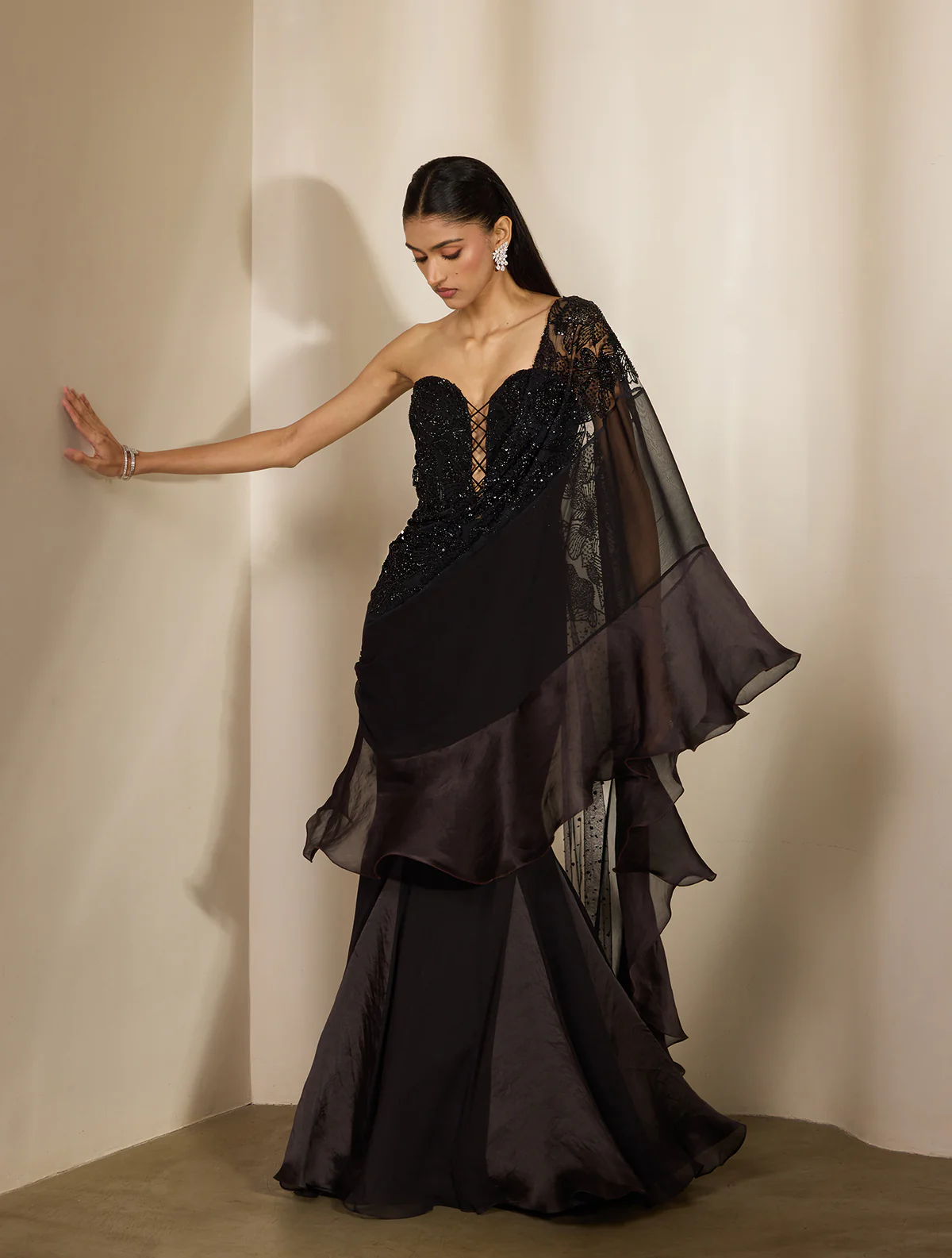 Black Sari with Corset Blouse and Sheer Ruffle Drape
