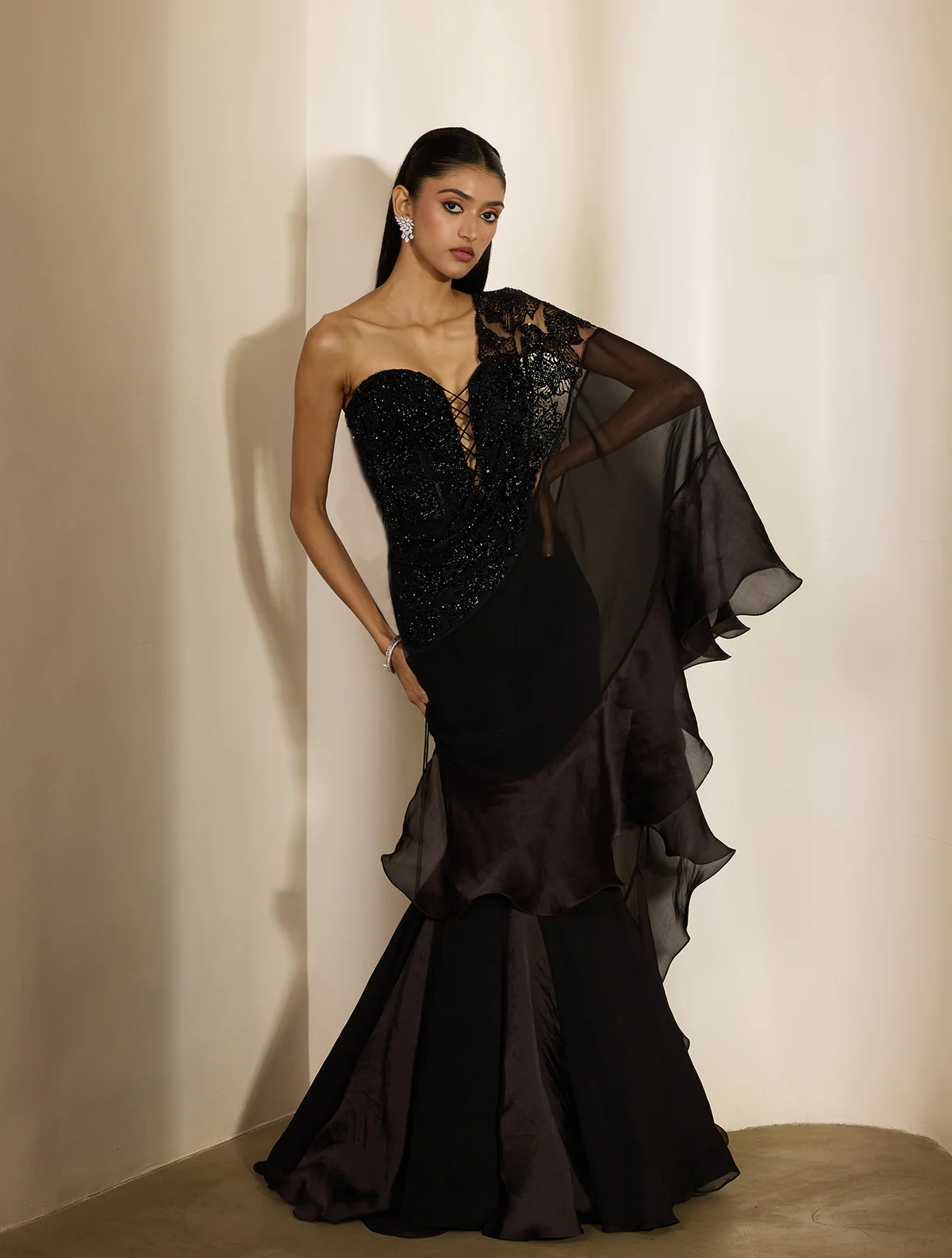 Black Sari with Corset Blouse and Sheer Ruffle Drape