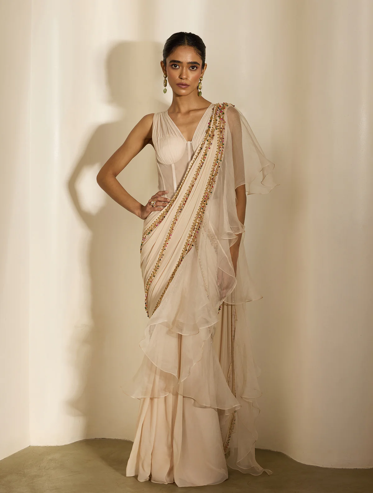 Ivory Ruffled Sari with Embroidered Border and Structured Blouse