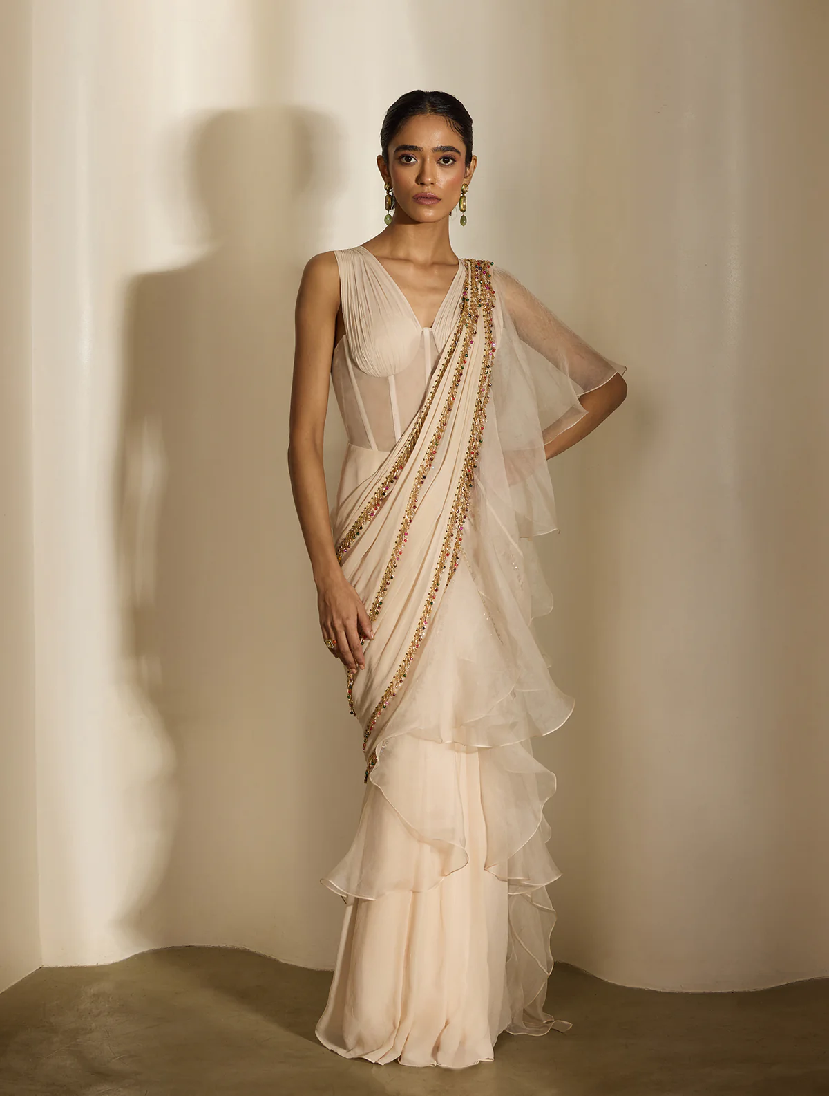 Ivory Ruffled Sari with Embroidered Border and Structured Blouse