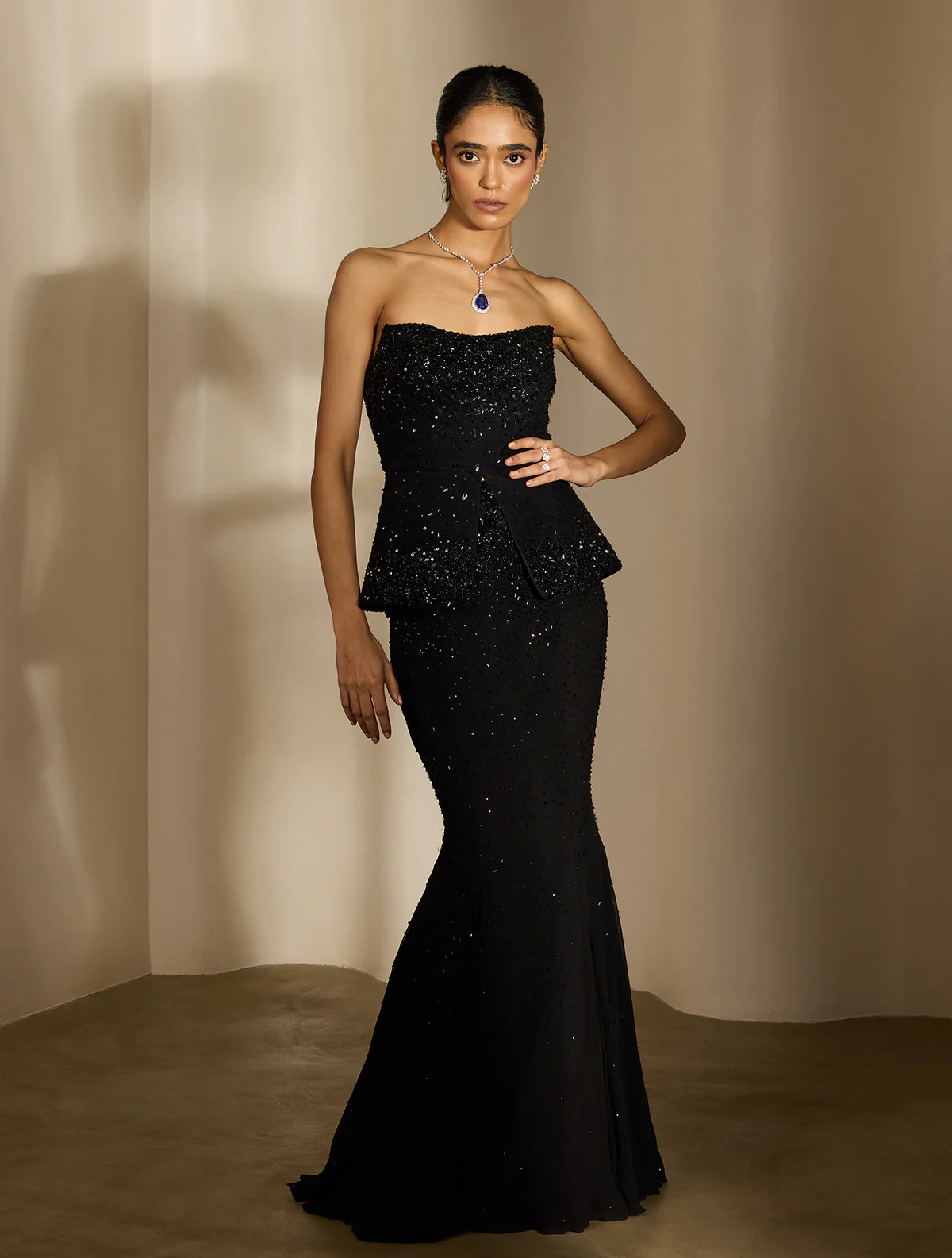 Black Strapless Mermaid Gown with Sequined Embellishments