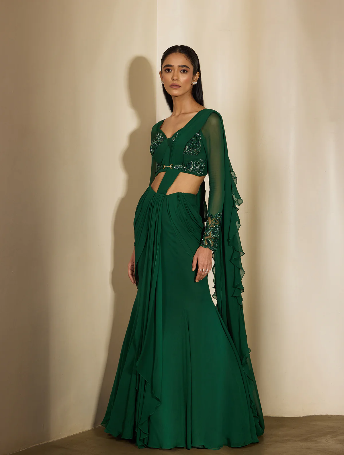 Emerald Green Pre-Draped Sari with Embroidered Blouse
