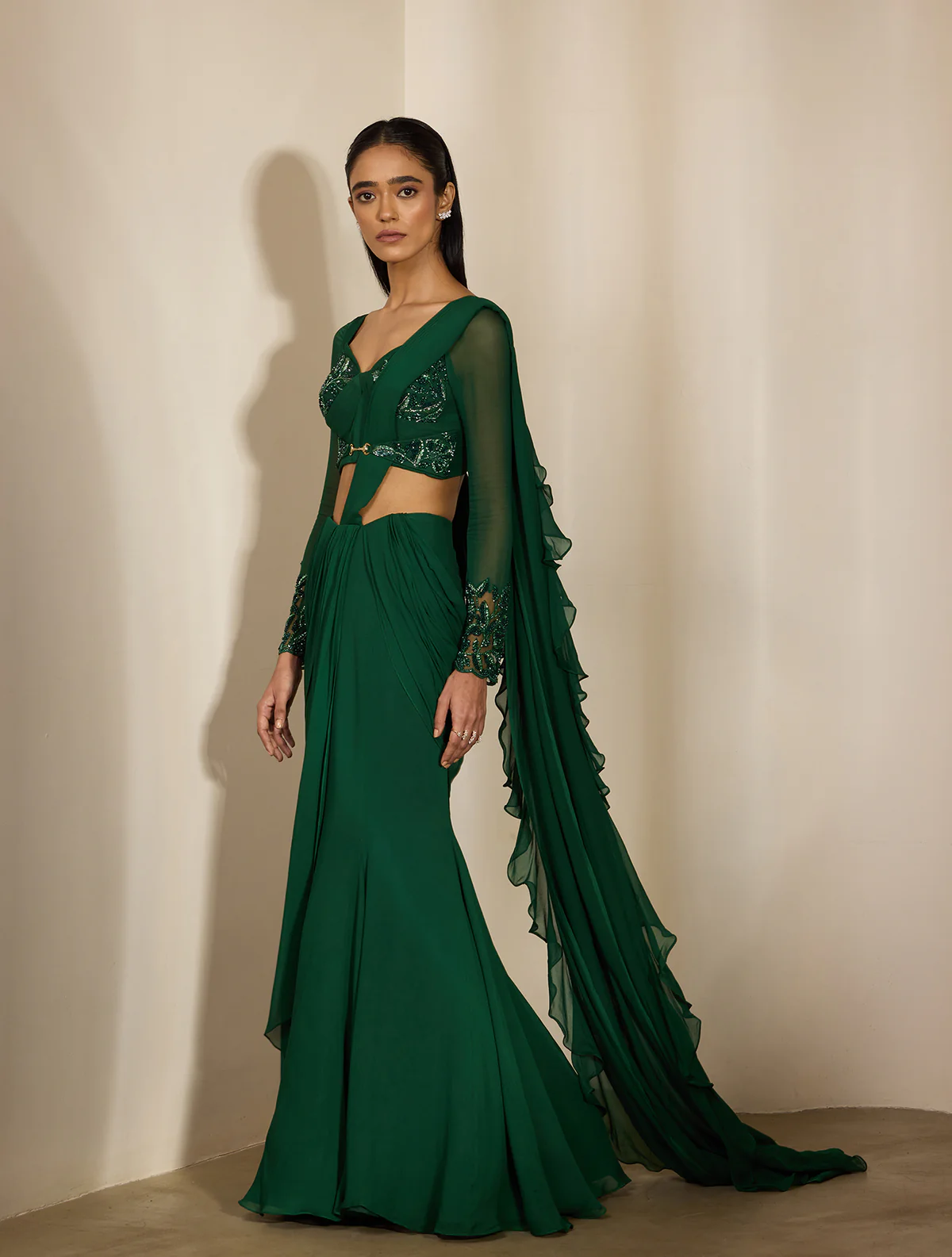 Emerald Green Pre-Draped Sari with Embroidered Blouse