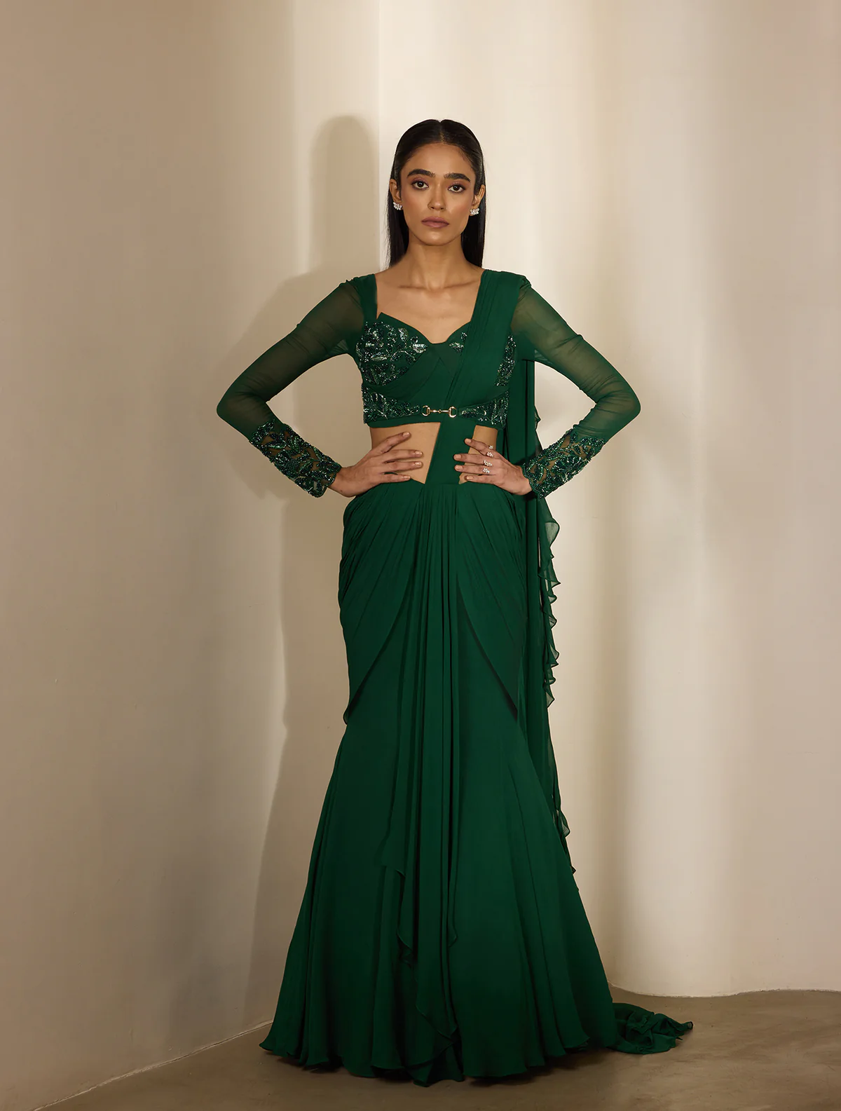 Emerald Green Pre-Draped Sari with Embroidered Blouse