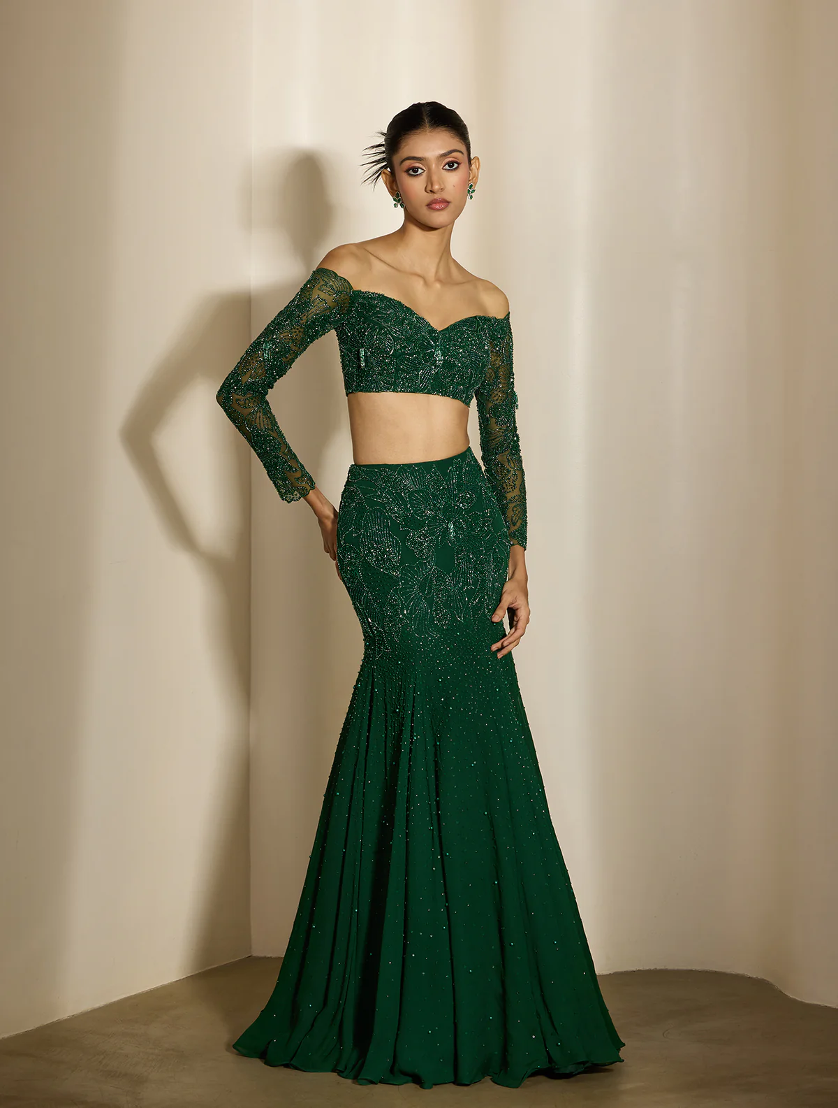 Emerald Green Pre-Draped Sari with Off-Shoulder Blouse