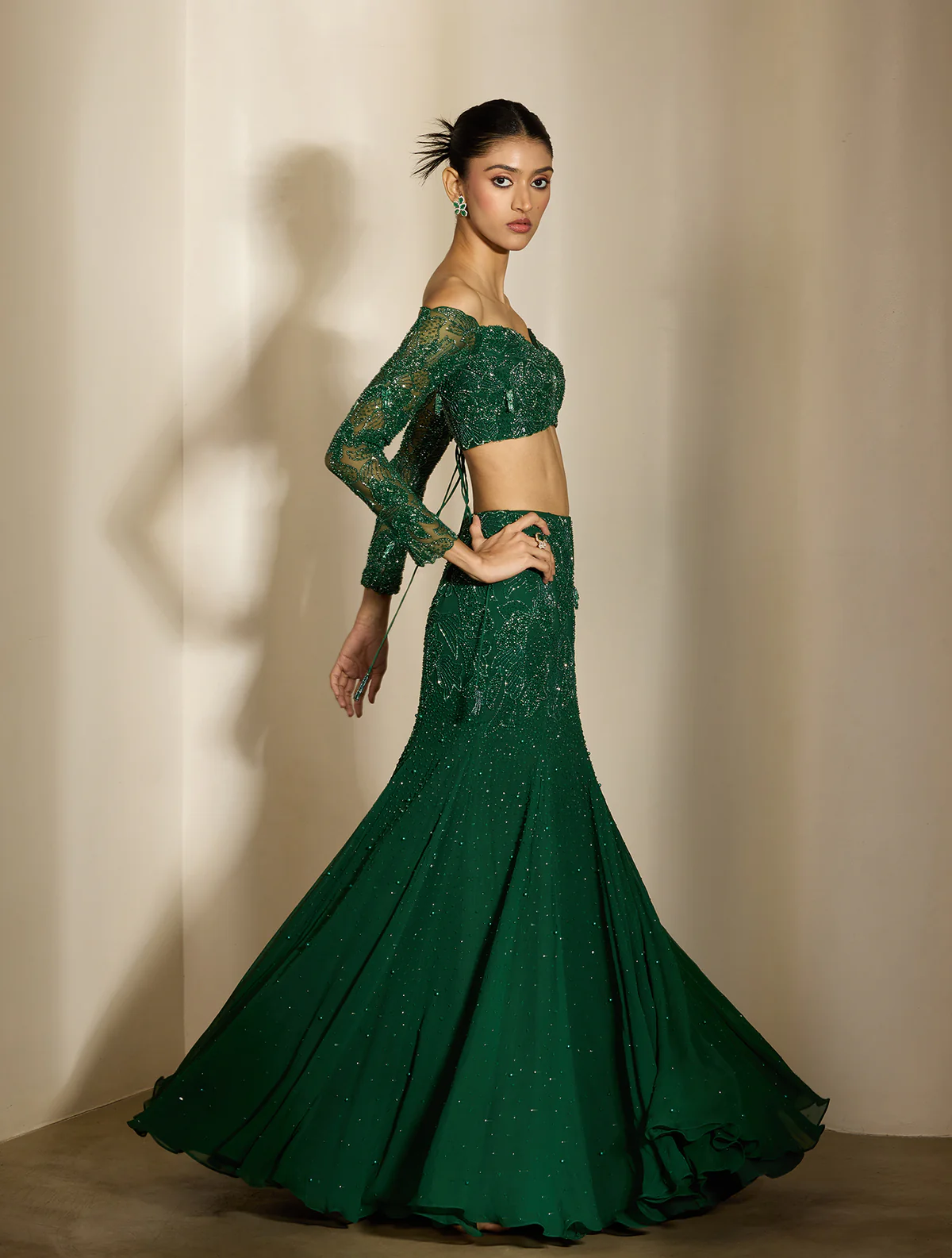 Emerald Green Pre-Draped Sari with Off-Shoulder Blouse