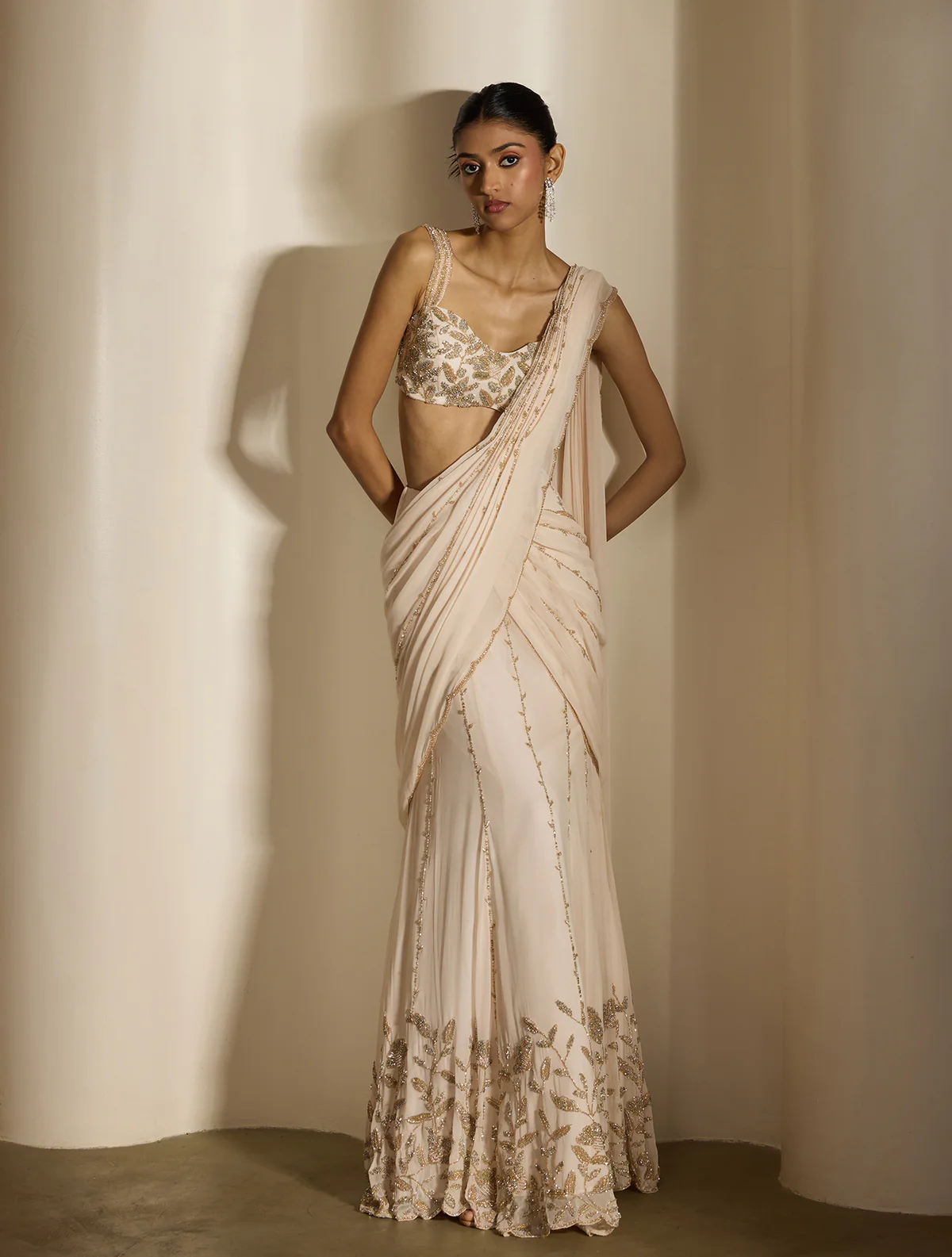 Ivory Pre-Draped Sari with Sequin Embroidered Blouse