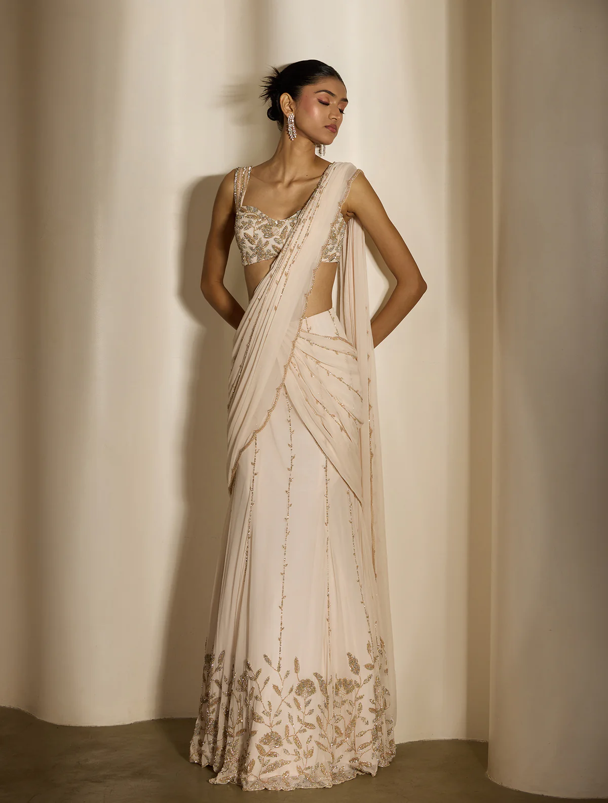 Ivory Pre-Draped Sari with Sequin Embroidered Blouse