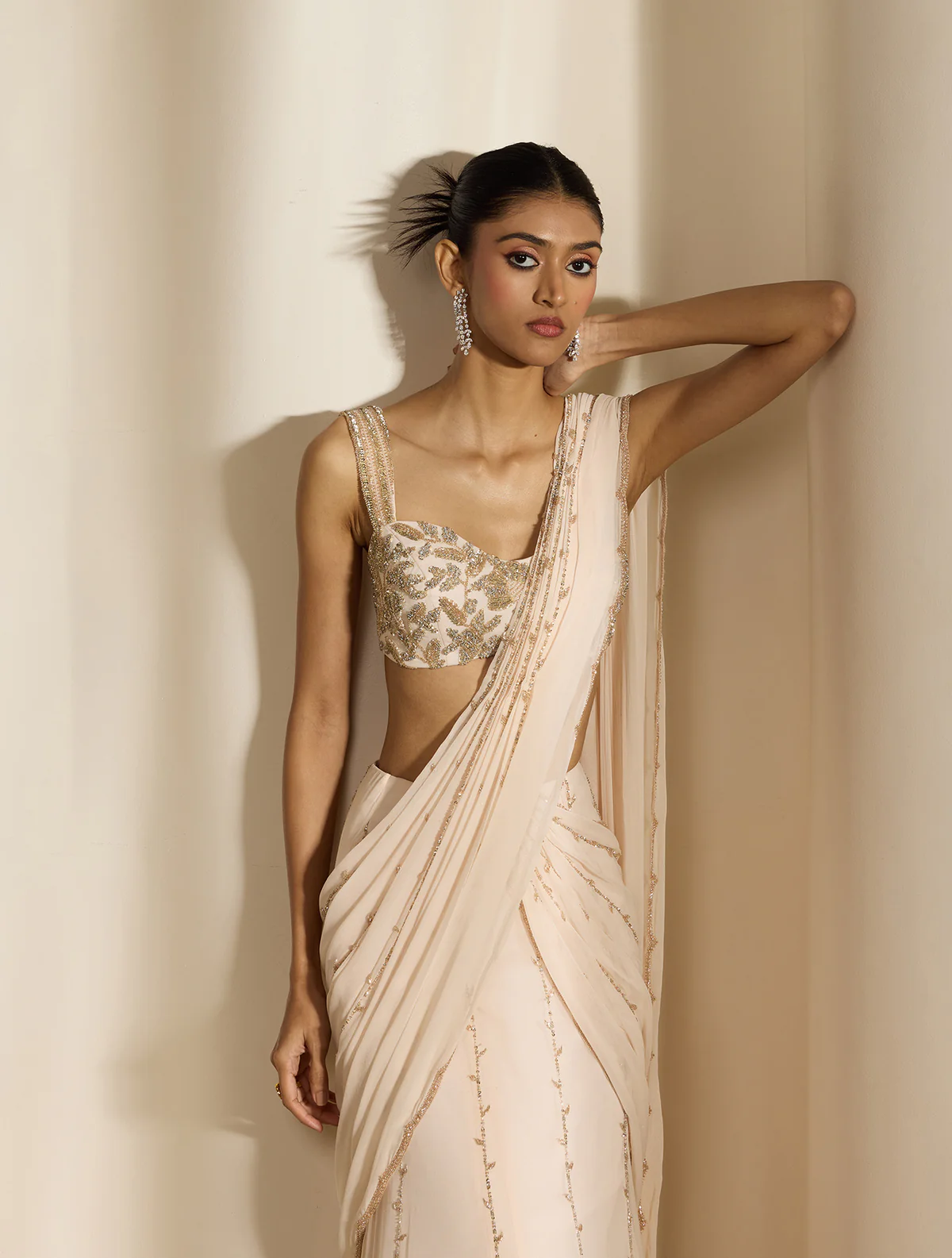 Ivory Pre-Draped Sari with Sequin Embroidered Blouse