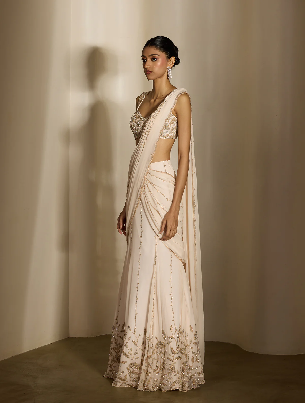 Ivory Pre-Draped Sari with Sequin Embroidered Blouse