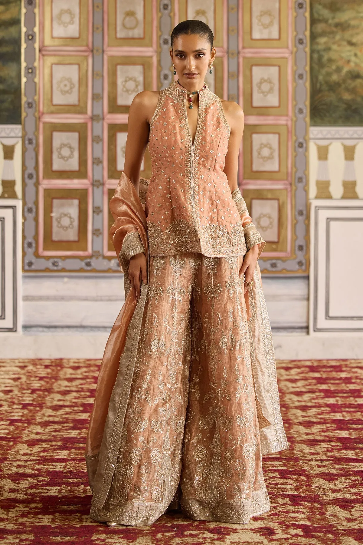 Peach Embroidered Sharara with Jacket Kurta