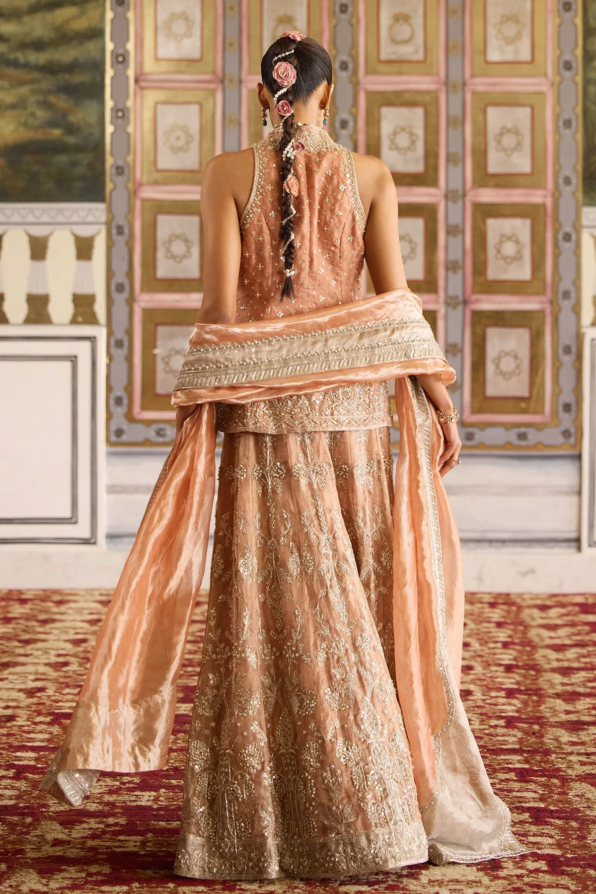 Peach Embroidered Sharara with Jacket Kurta