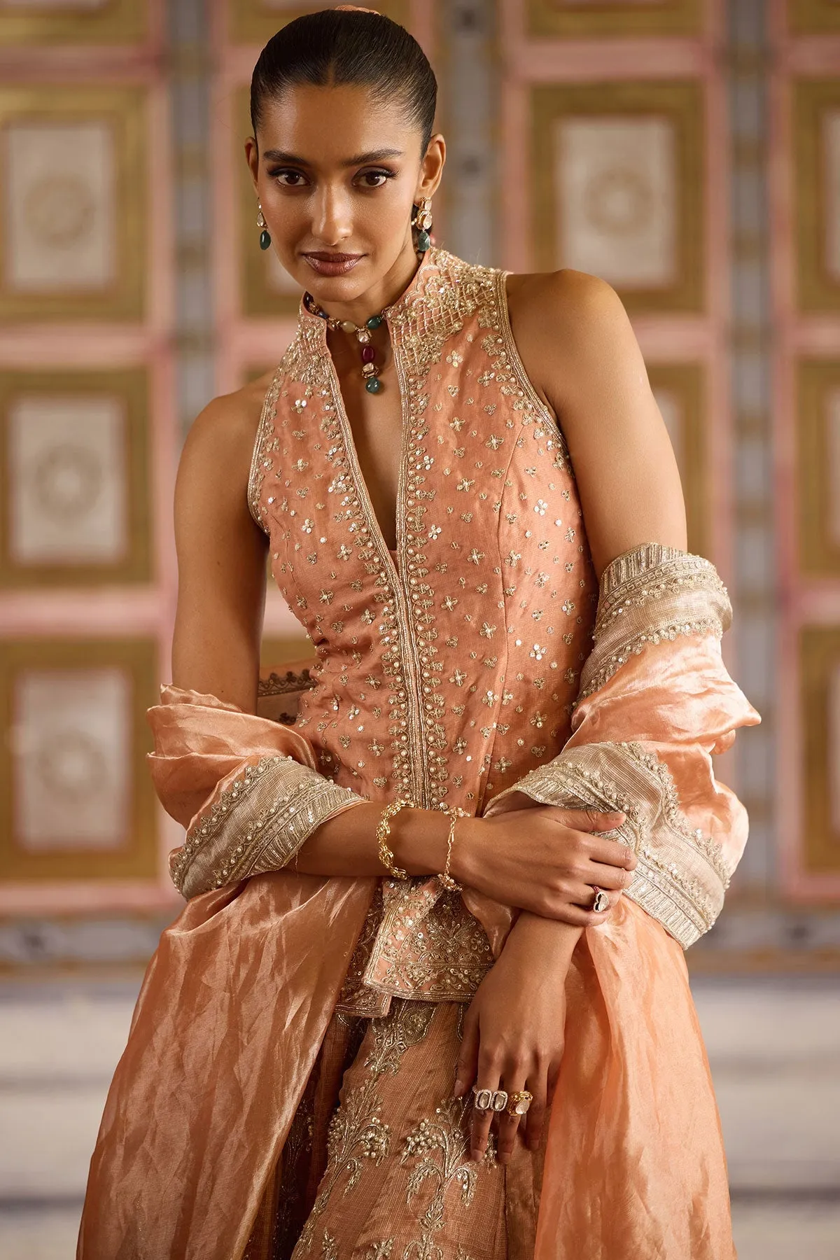 Peach Embroidered Sharara with Jacket Kurta