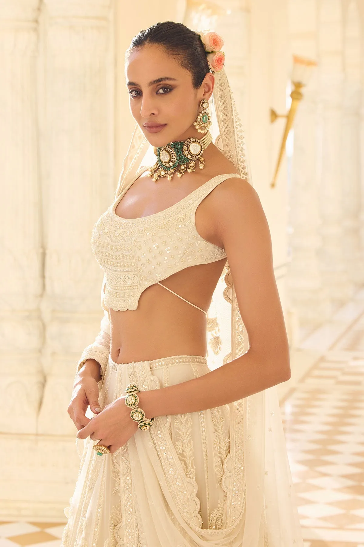 Ivory Embroidered Lehenga with Scallop Blouse