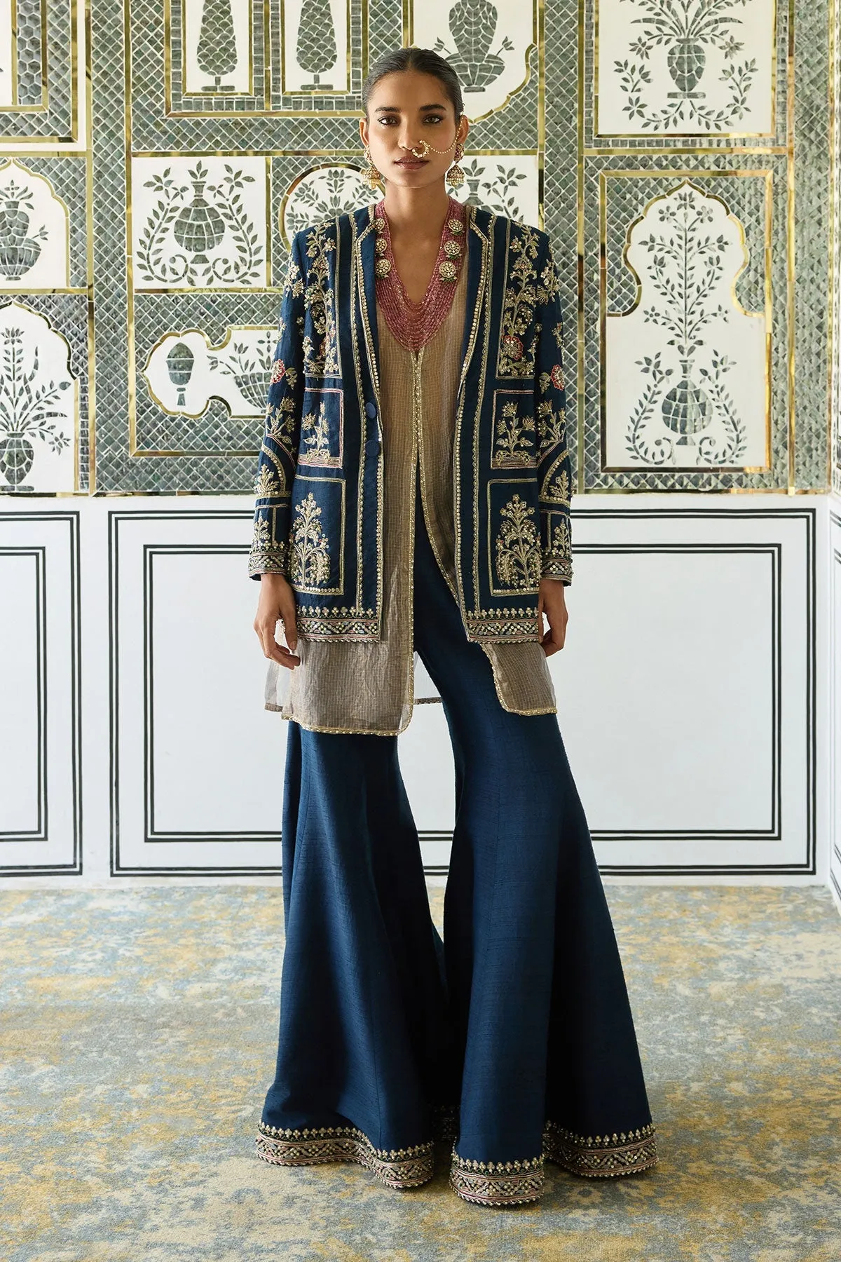 Navy Blue Embroidered Co-ord Set with Jacket