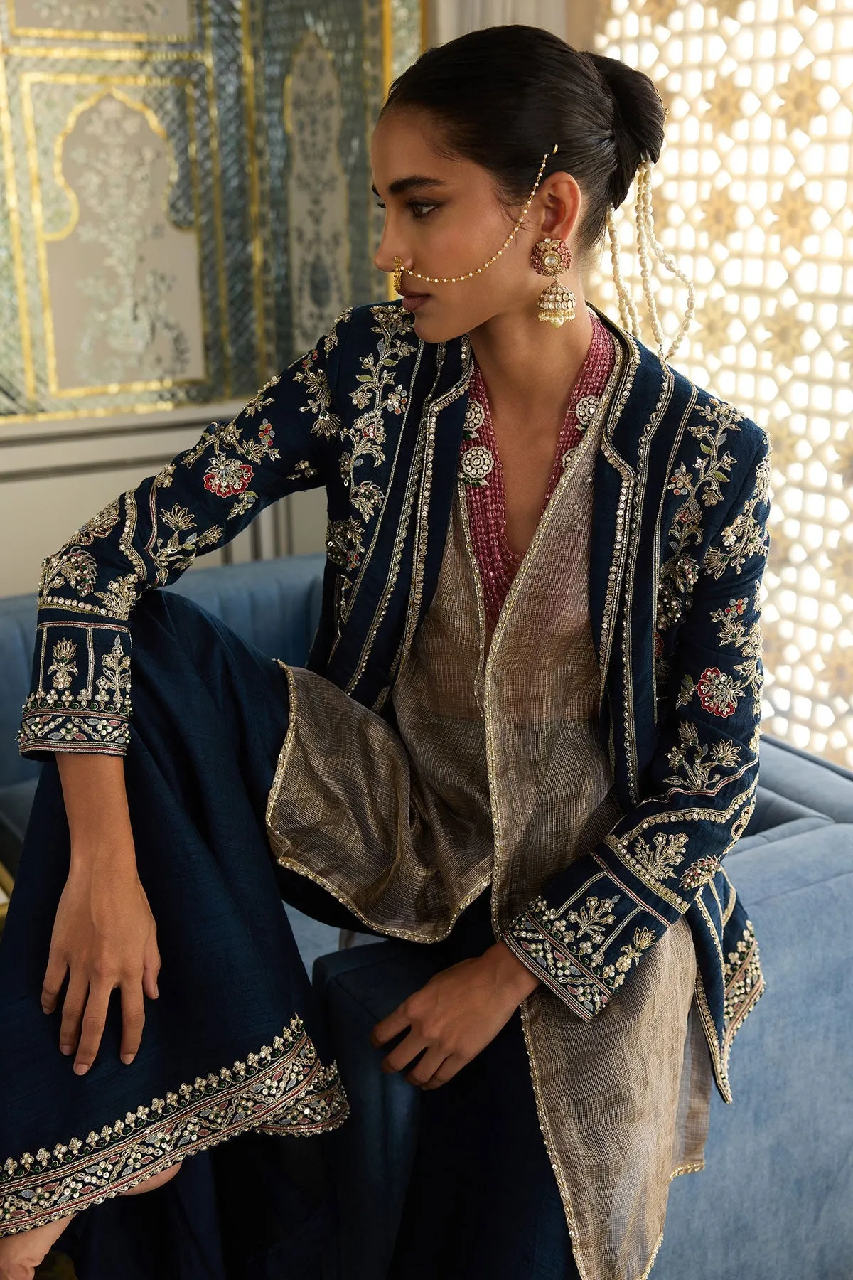 Navy Blue Embroidered Co-ord Set with Jacket