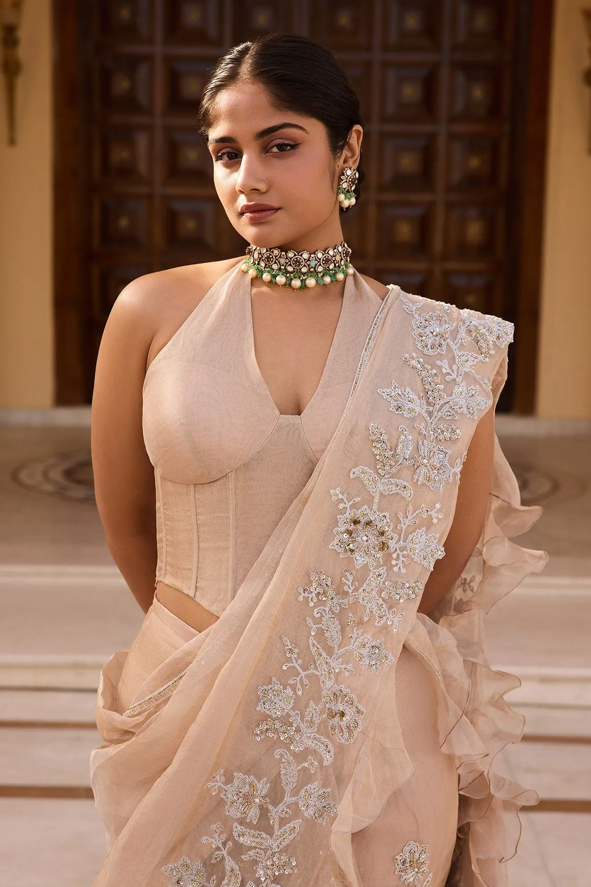 Beige Embroidered Net Sari with Corset Blouse
