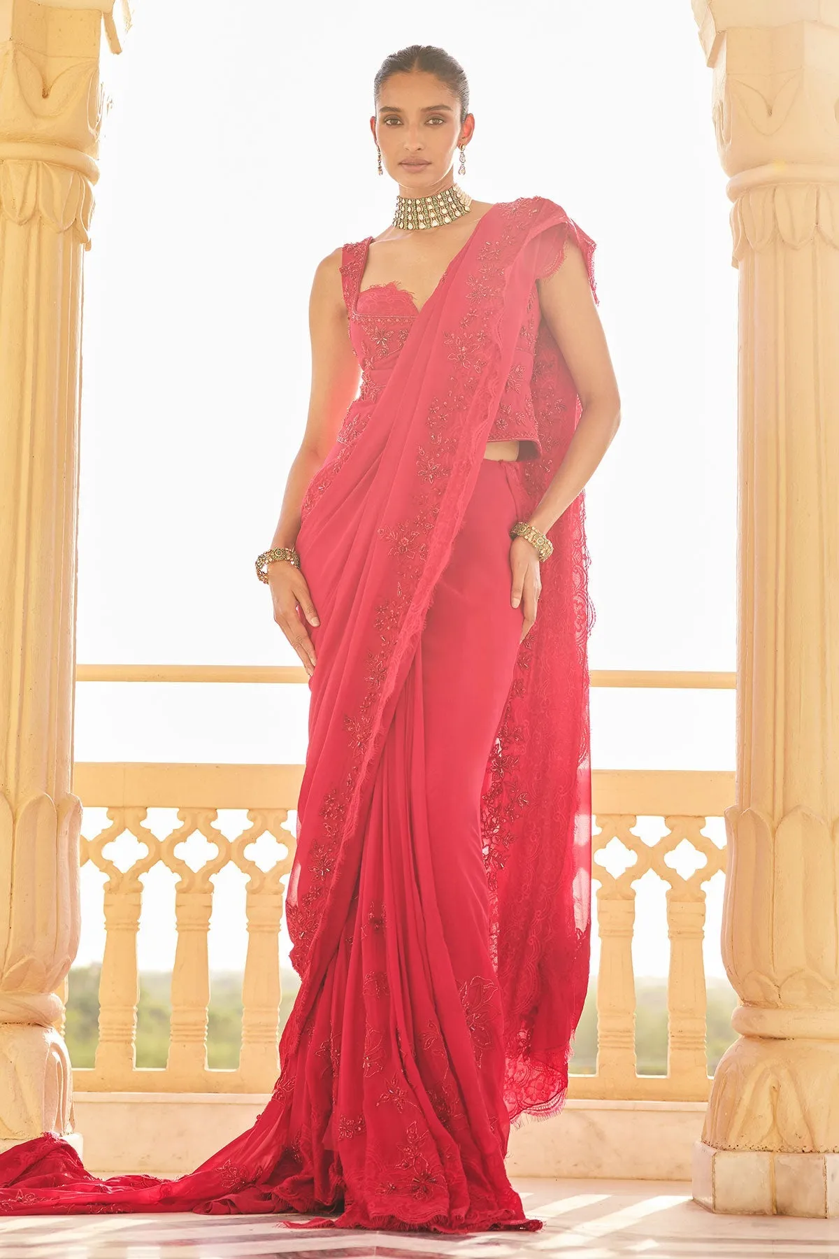 Scarlet Red Embroidered Sari with Bustier Blouse
