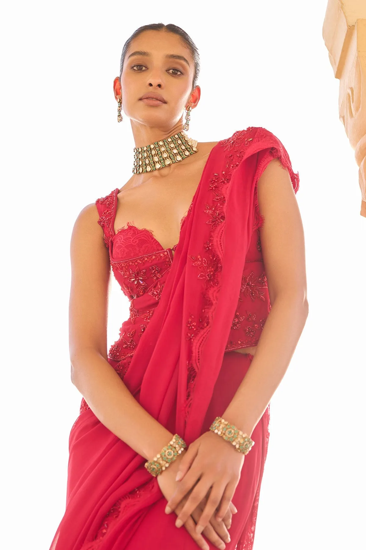 Scarlet Red Embroidered Sari with Bustier Blouse