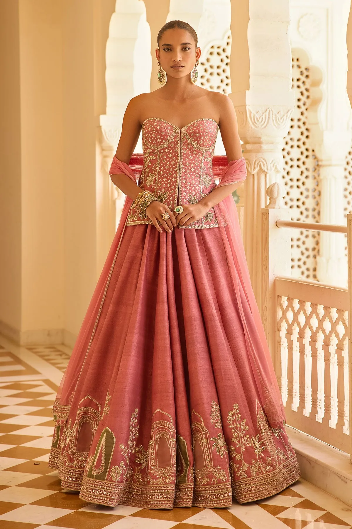 Pink Strapless Embroidered Lehenga with Corset Blouse