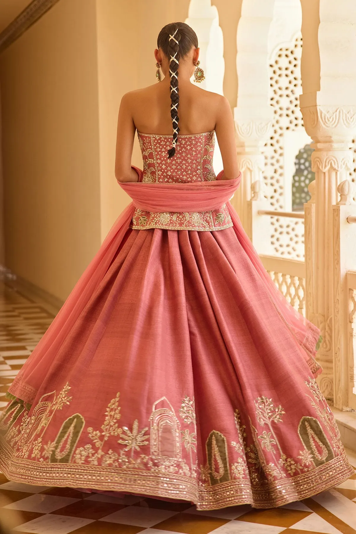 Pink Strapless Embroidered Lehenga with Corset Blouse