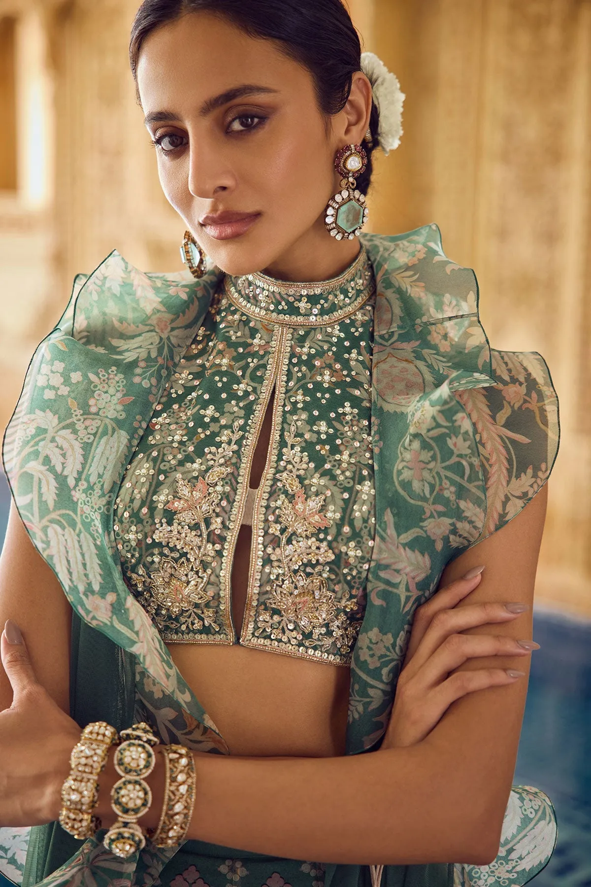 Green Floral Embroidered Lehenga with Halter Blouse