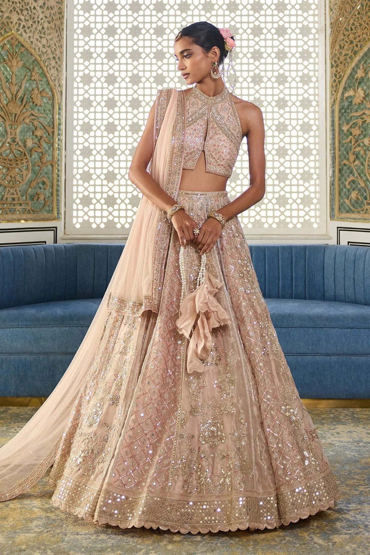 Blush Pink Mirror and Sequin Embroidered Lehenga with Halter Blouse