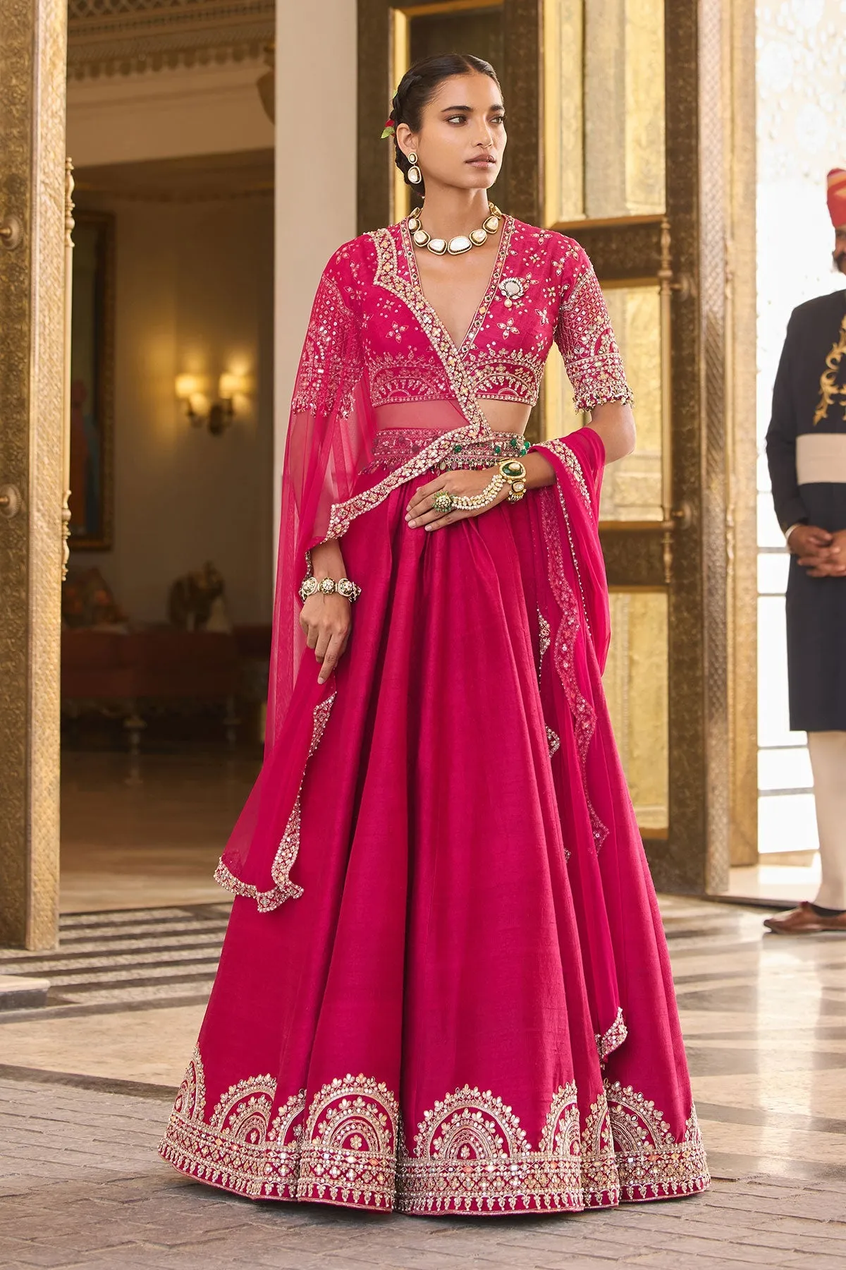 Fuchsia Pink Embroidered Lehenga with Sheer Sleeves Blouse