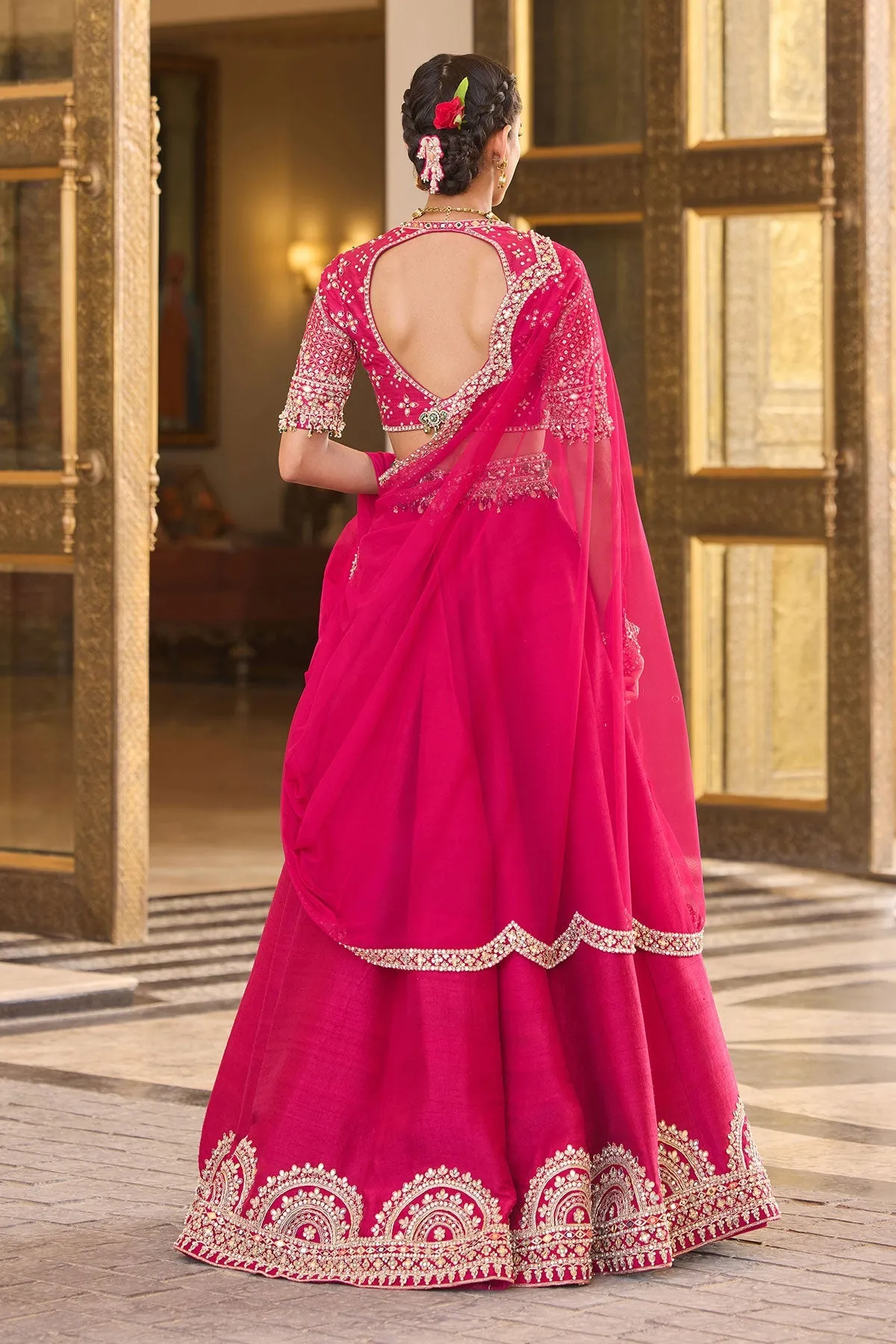 Fuchsia Pink Embroidered Lehenga with Sheer Sleeves Blouse