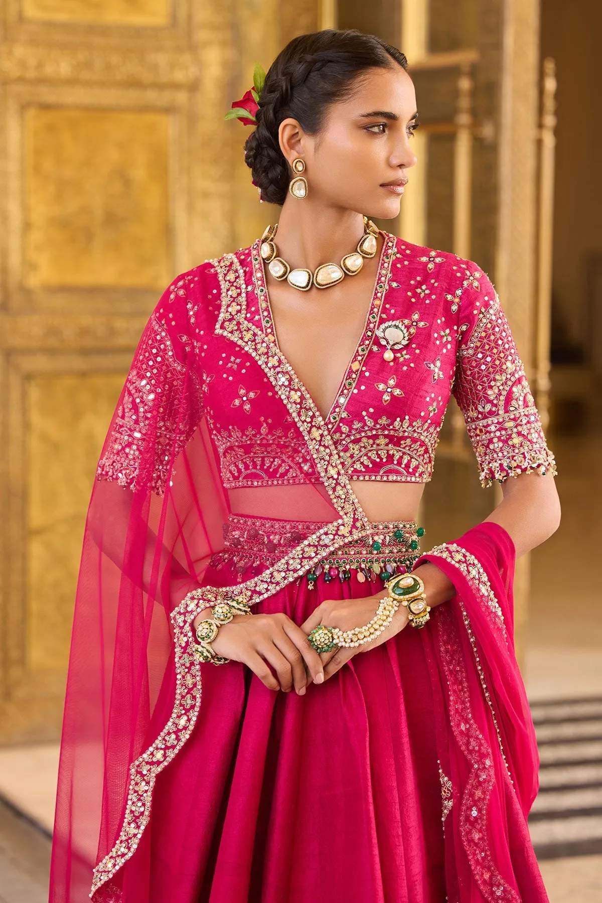 Fuchsia Pink Embroidered Lehenga with Sheer Sleeves Blouse