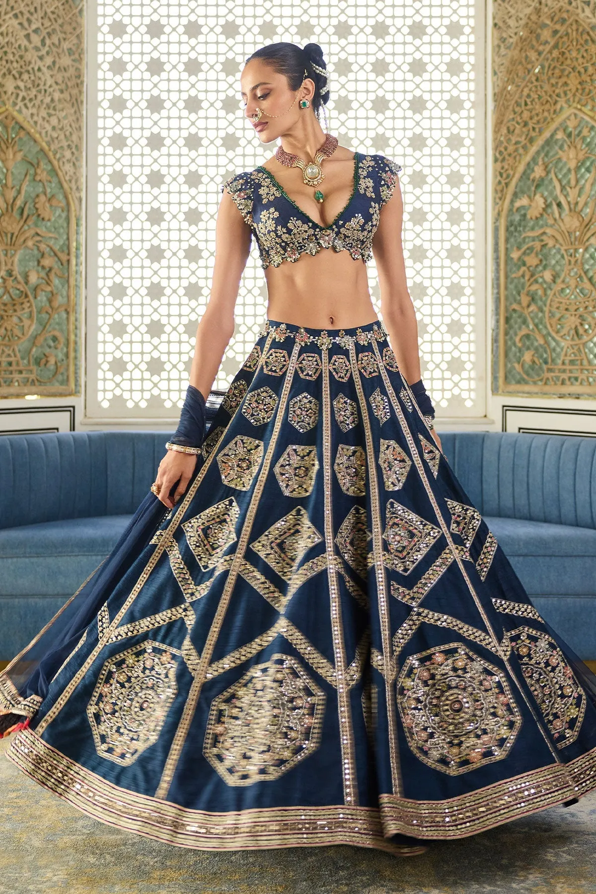Midnight Blue Mirror and Thread Embroidered Lehenga
