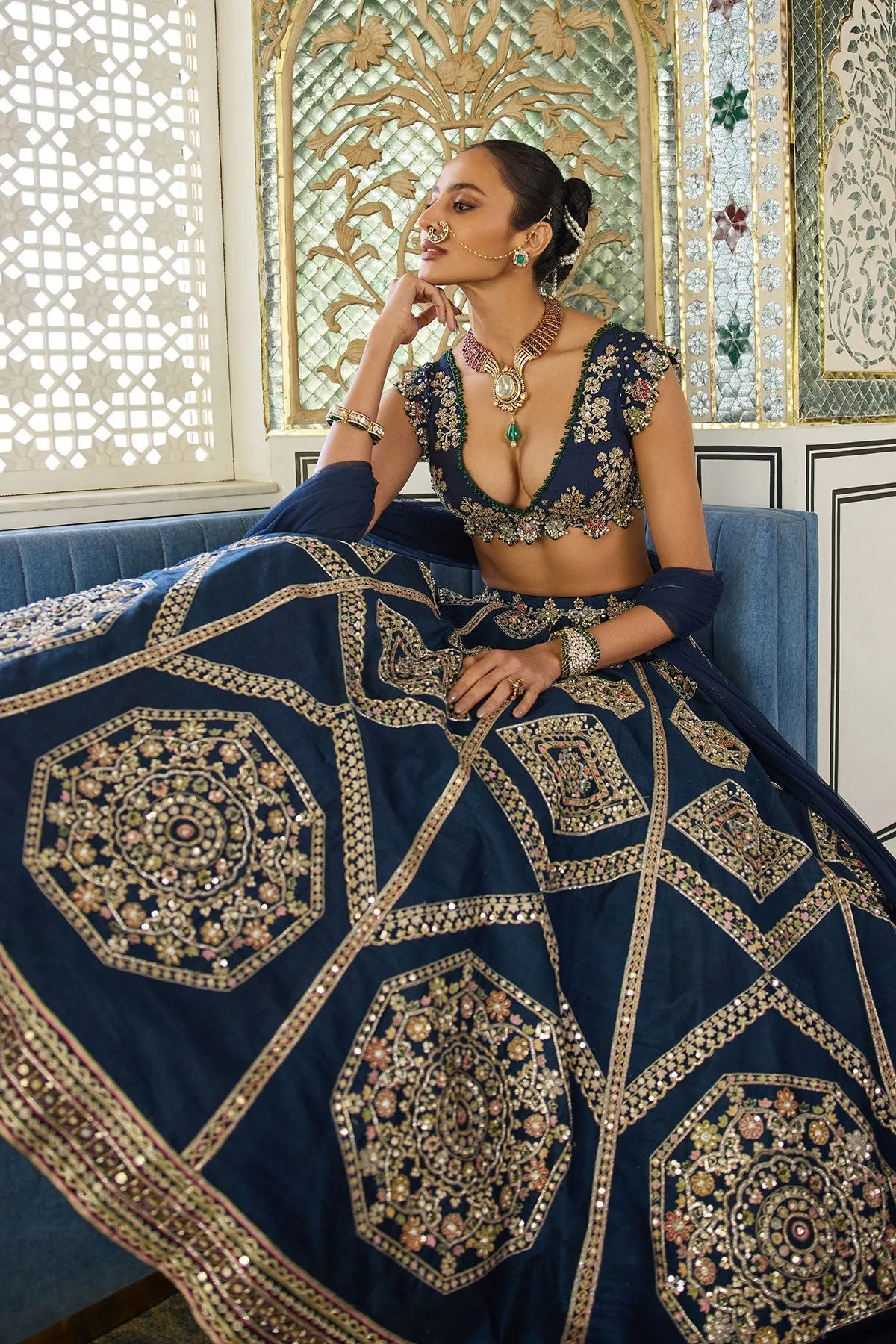 Midnight Blue Mirror and Thread Embroidered Lehenga