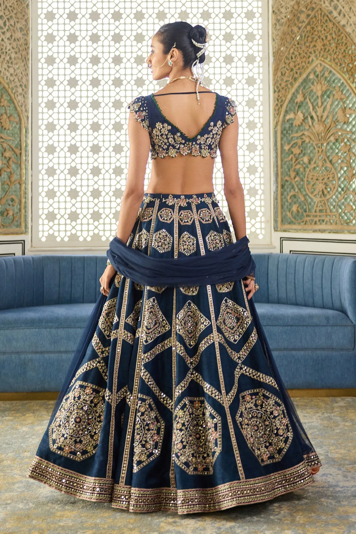 Midnight Blue Mirror and Thread Embroidered Lehenga